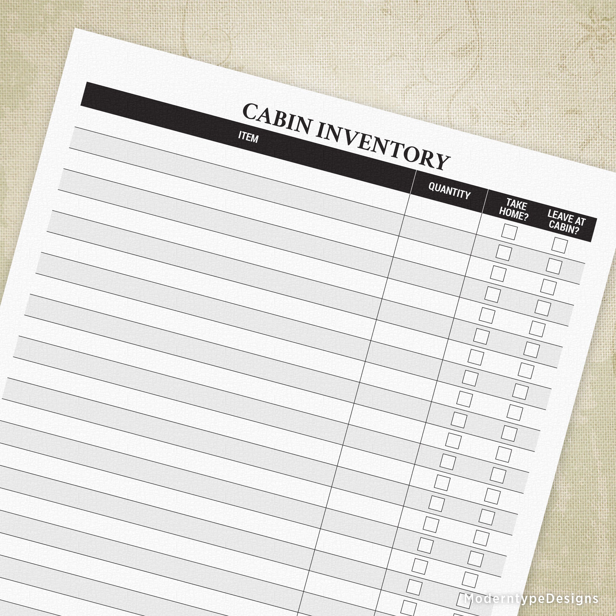 A printable cabin inventory form with a title header, columns for item, quantity, and space to mark whether to take home or leave at cabin.