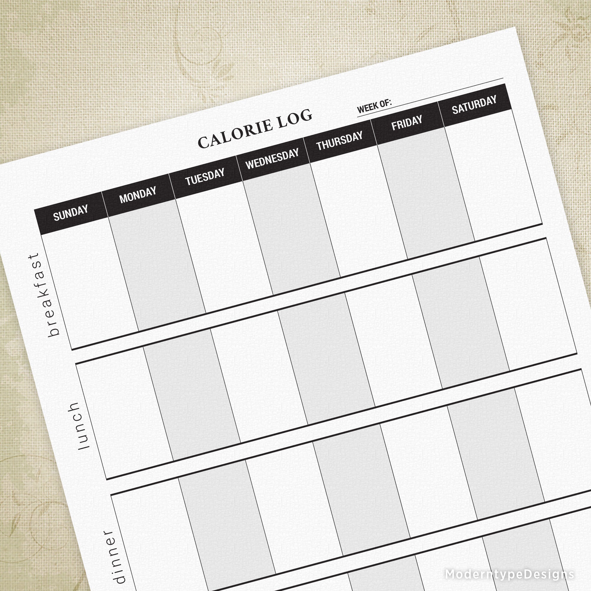 This is a PDF Calorie Log Printable Form for instant download. Looking to count those calories? Keep track with this easy-to-use log.
