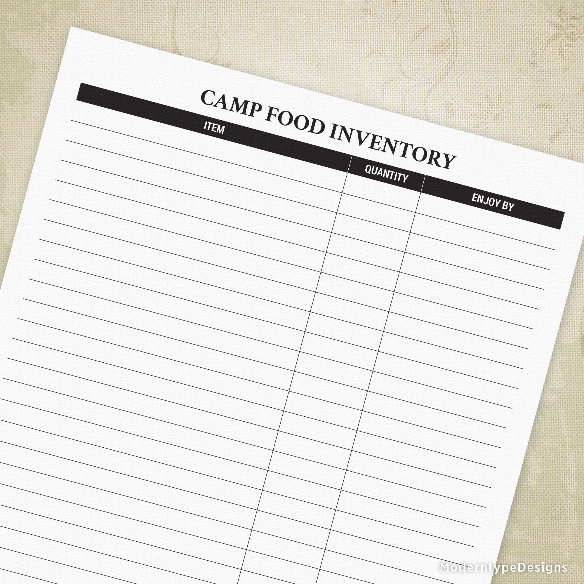 A printable camp food inventory form with columns for item, quantity, and enjoy by date, labeled 'Camp Food Inventory'.