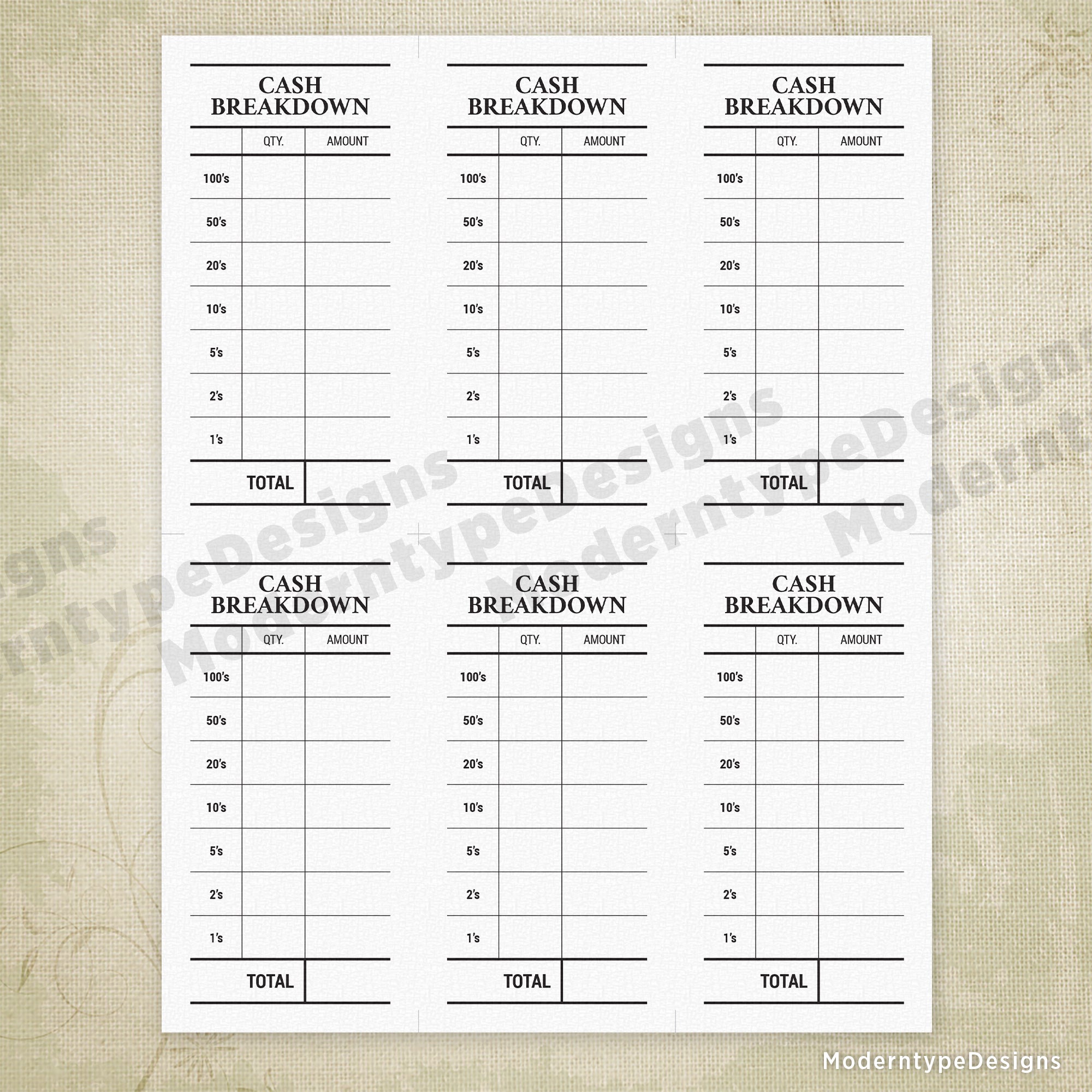 Cash Breakdown Printable, 2.83 x 5.5"