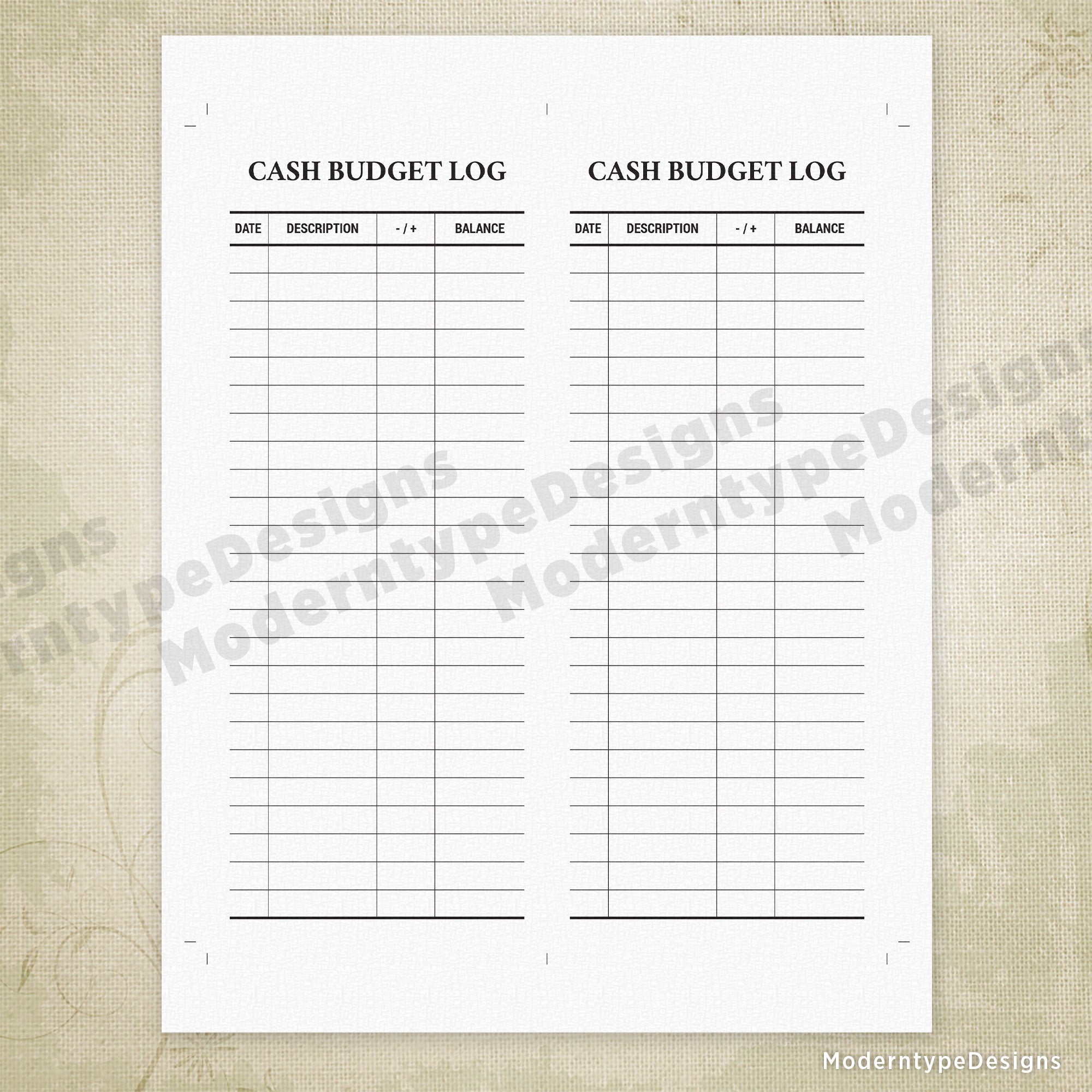 Cash Budget Log Printable, 3.75 x 9"