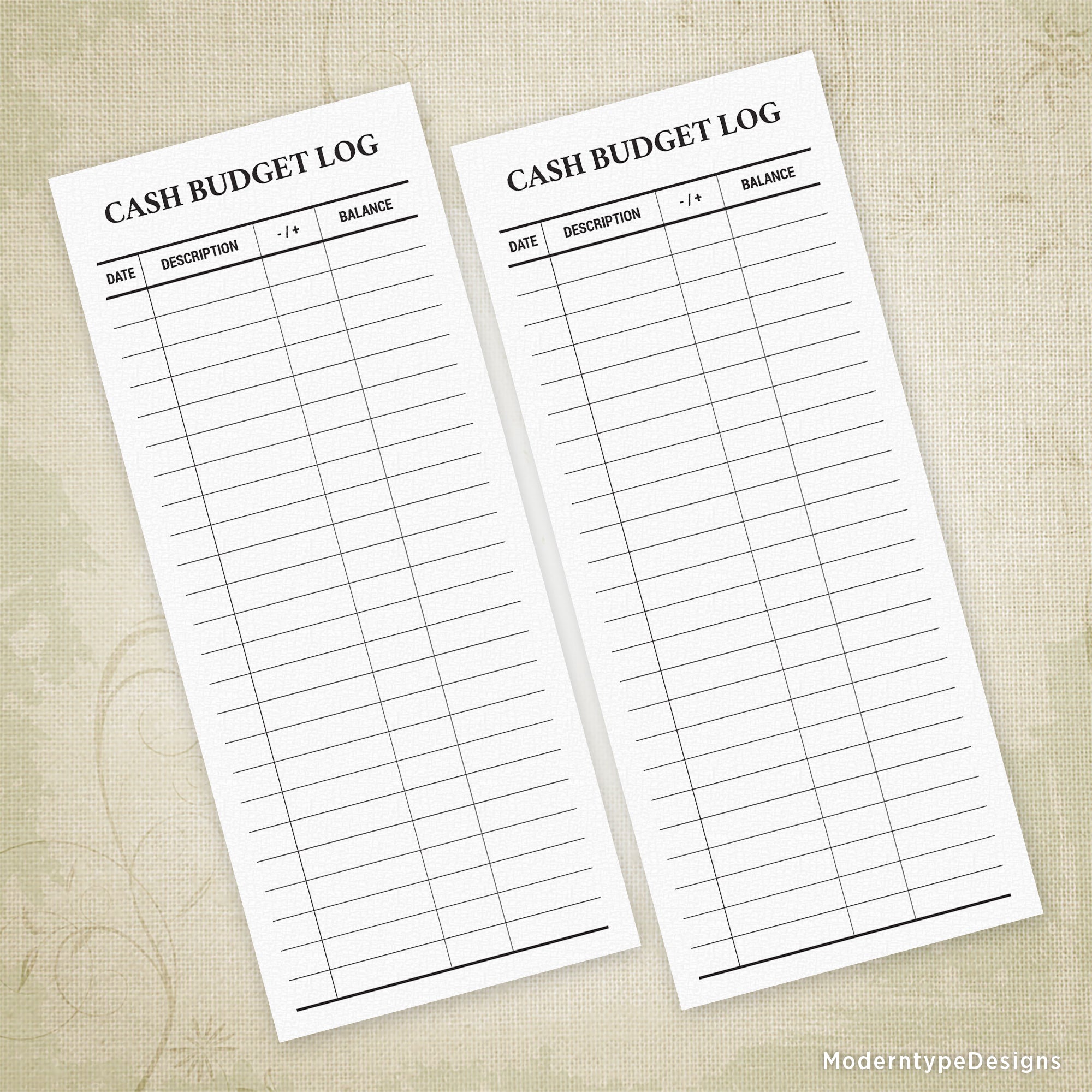 Two printed cash budget logs on a background with floral patterns, titled 'CASH BUDGET LOG' and 'BALANCE', with spaces for date, description, and balance.