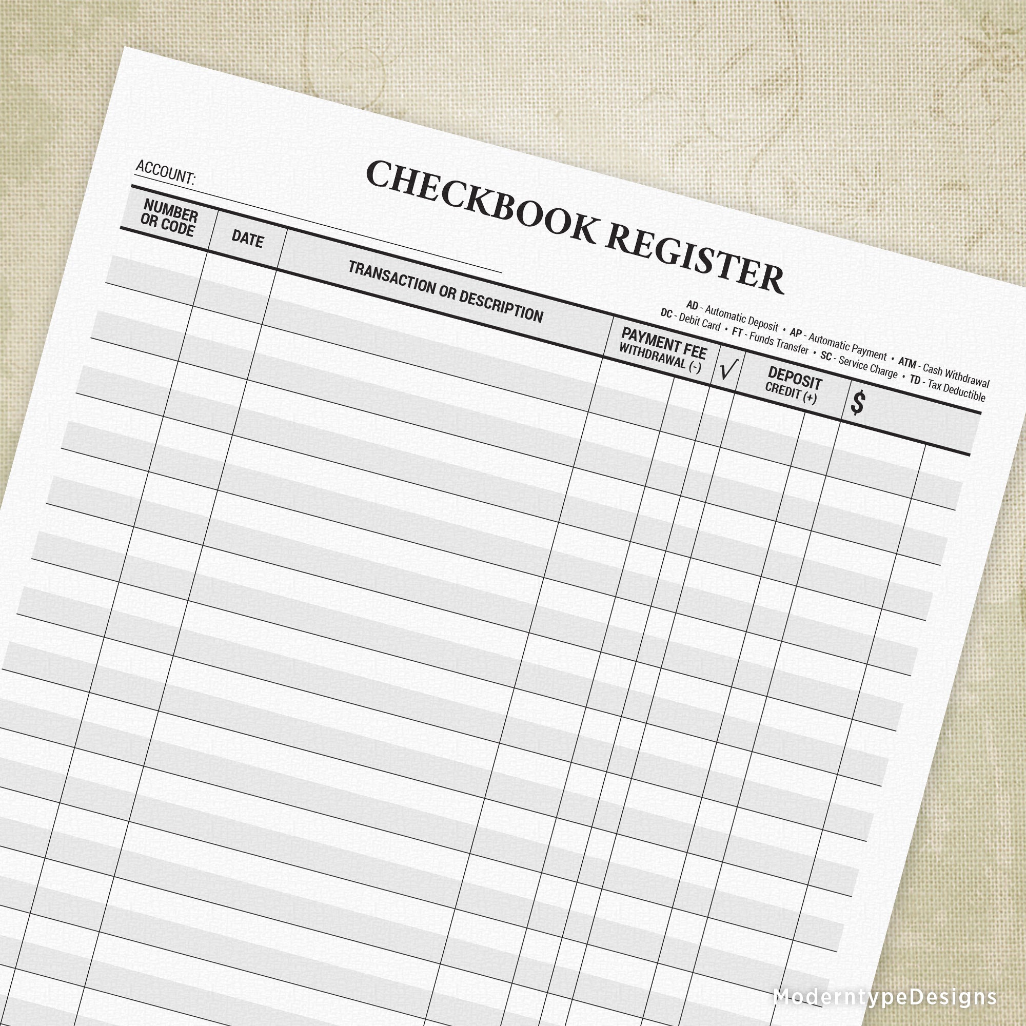 This is a Traditional Checkbook Register Printable PDF Form. Used for balancing your bank accounts!