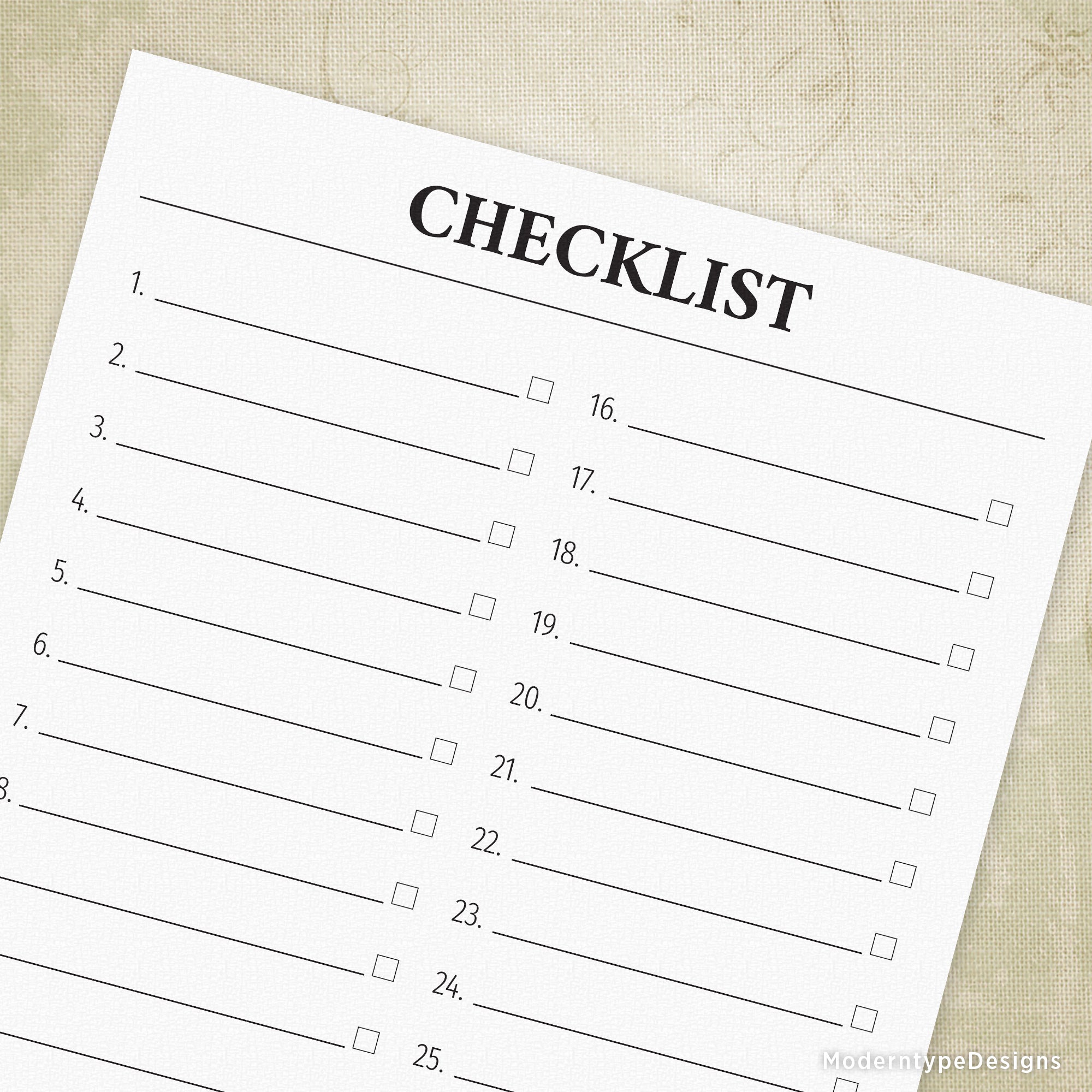 A printable checklist form with numbered lines and boxes to check off, titled 'CHECKLIST' at the top.
