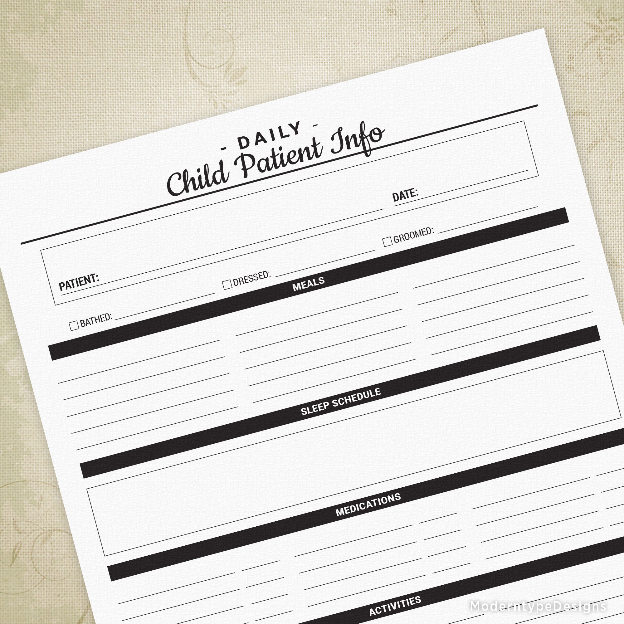 A Daily Child Patient Info Printable PDF with sections for patient name, date, medical history, and daily activity logs.