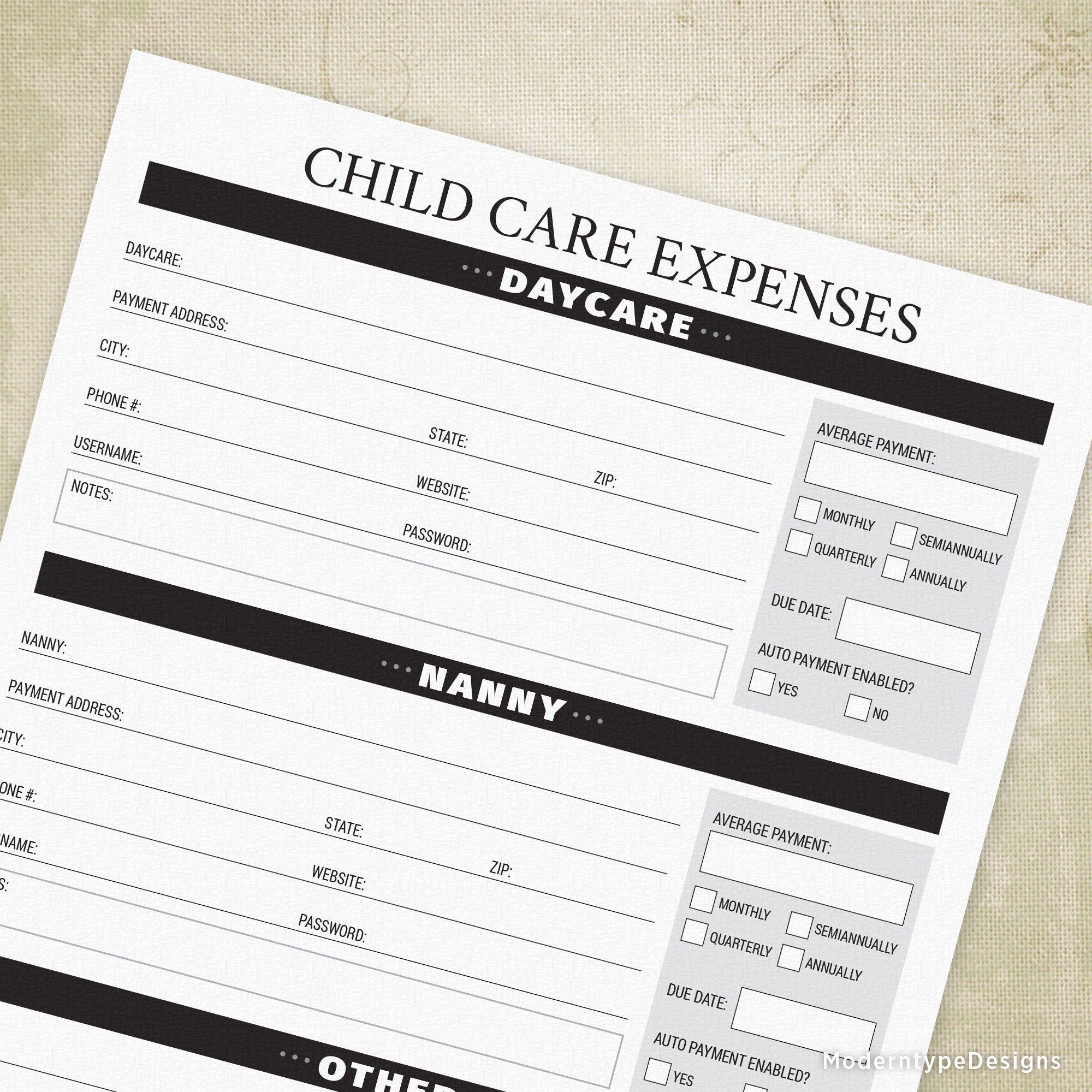 This is a 1 page PDF Child Care Expenses printable. Let others know what to expect with your children's care if something were to happen to you. Includes lines to write in info for Daycare, Nanny, and Other.
