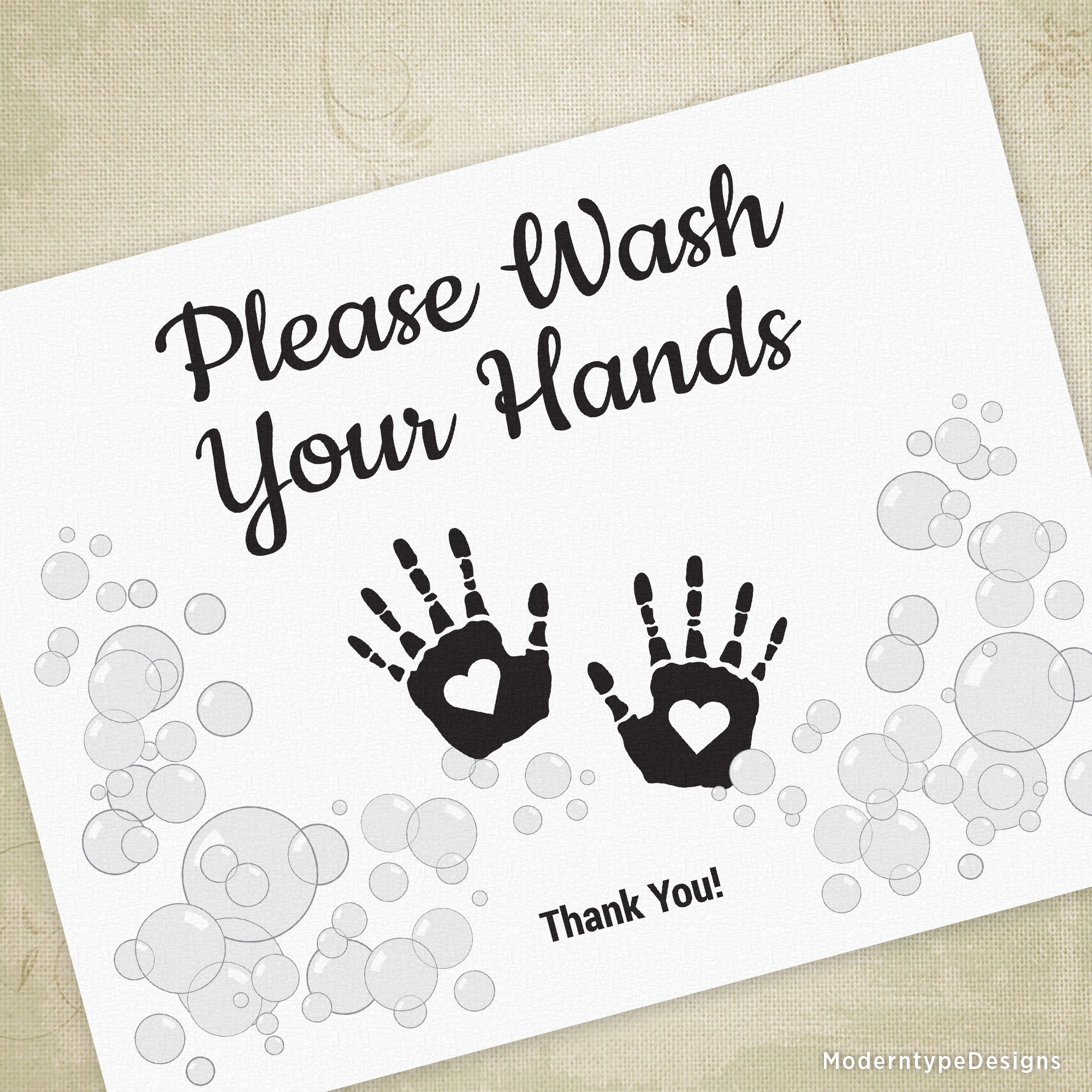 This is a US letter-sized PDF Please Wash Your Hands Printable Sign for Children. Use it in your daycare, church, or even in your place of business. This sign says, "Please Wash Your Hands" with "Thank You" at the bottom.