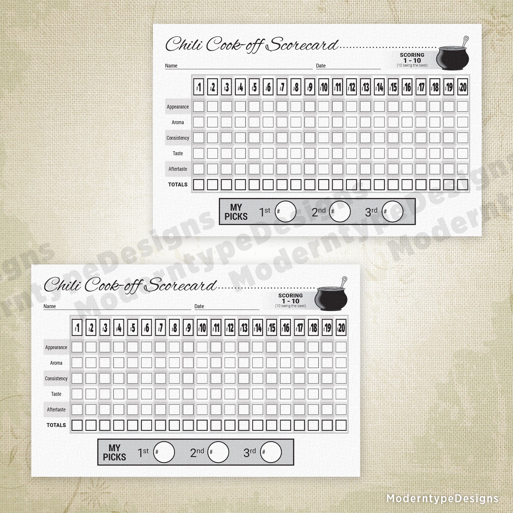 Chili Cook-off Advanced Scorecard Printable, 20 Entries, 8.5 x 5.5"