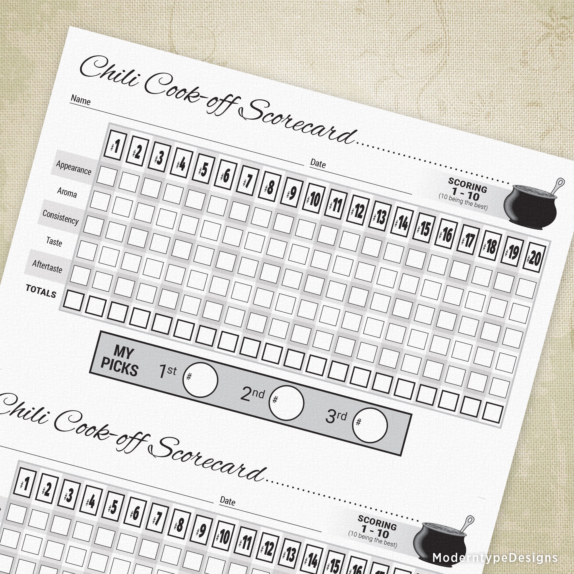 This is a Chili Cook-off Advanced Scorecard Printable PDF. Each of the 2 forms (both are on an 8.5 x 11") includes enough boxes for 20 entries.