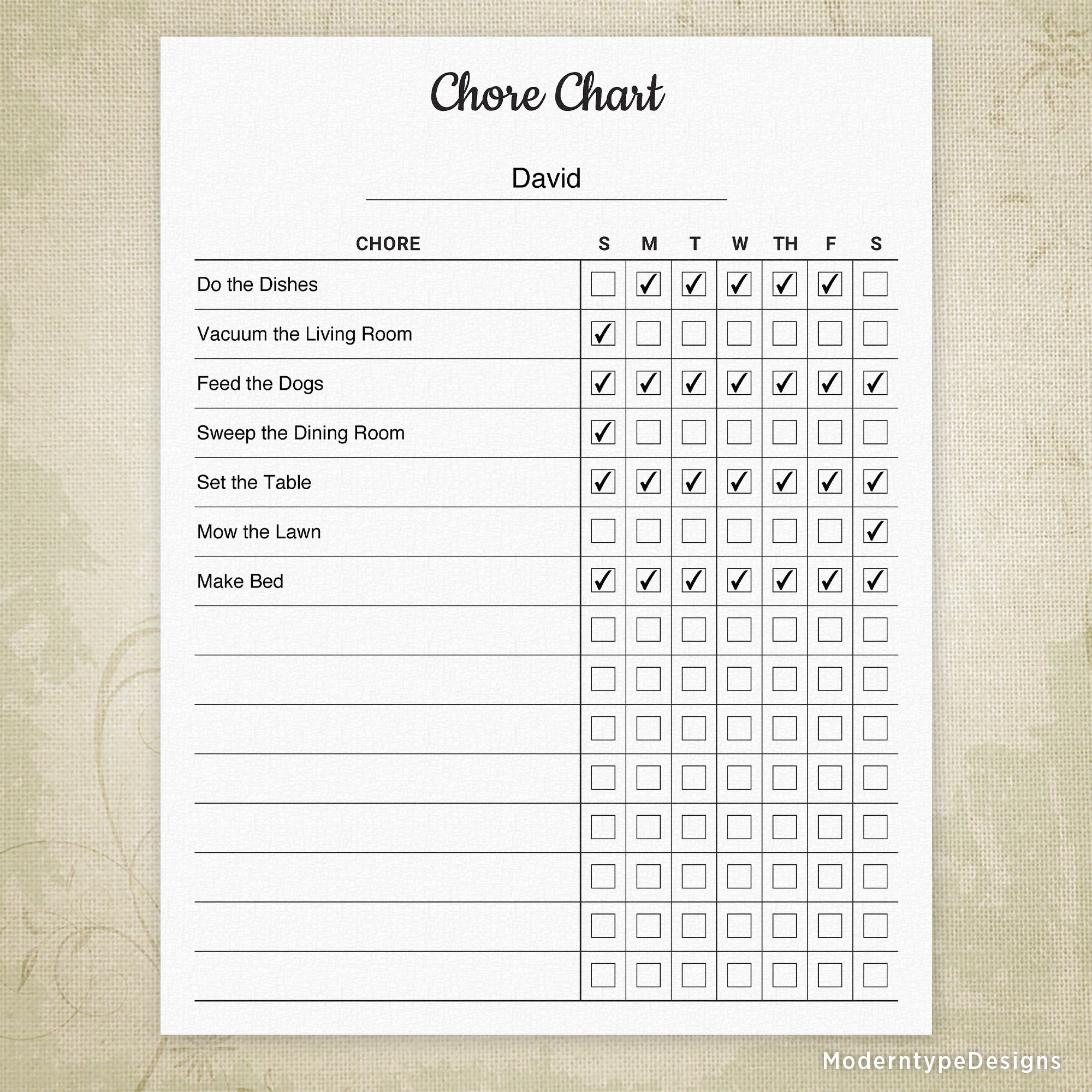 Chore Chart Printable Form, Editable