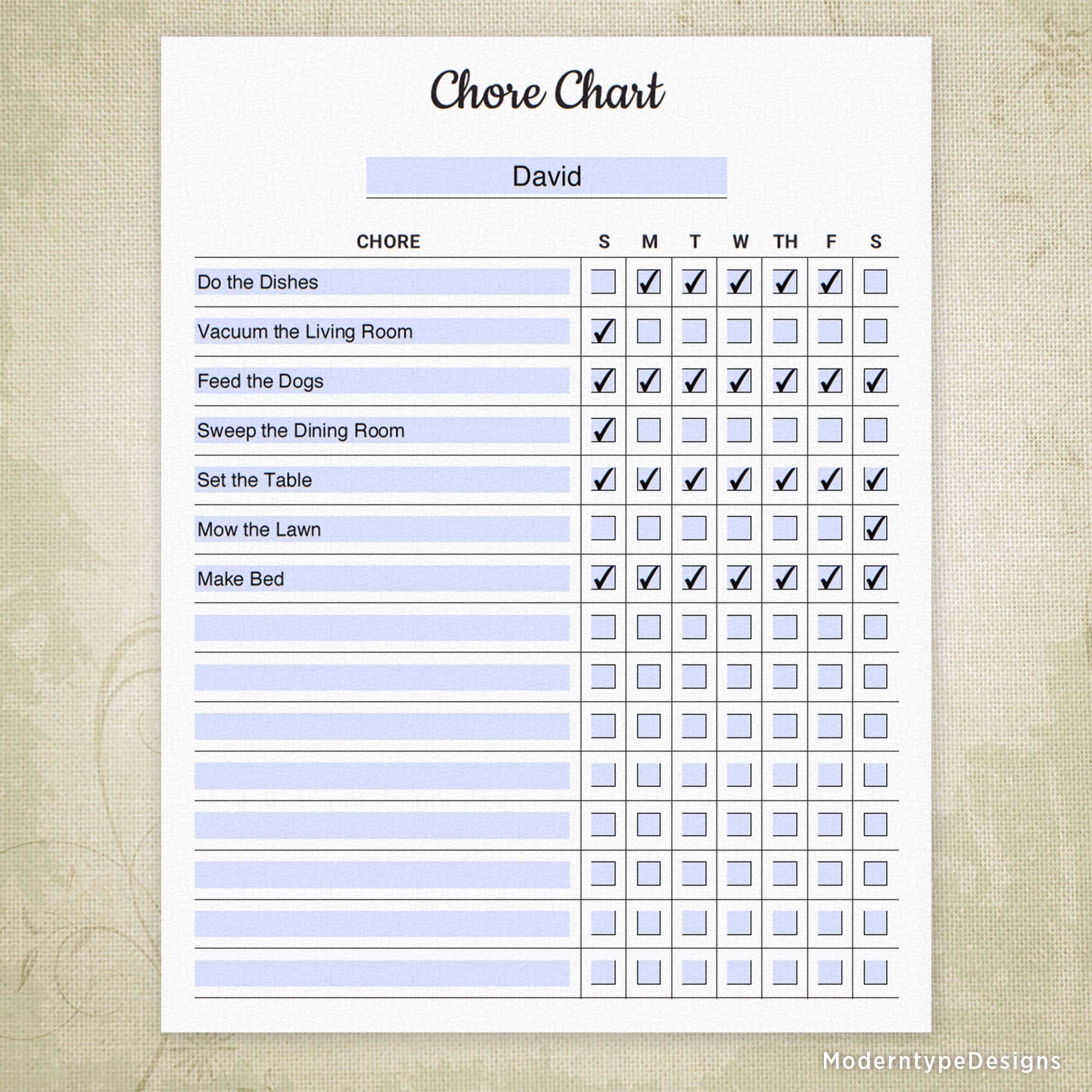 Chore Chart Printable Form, Editable