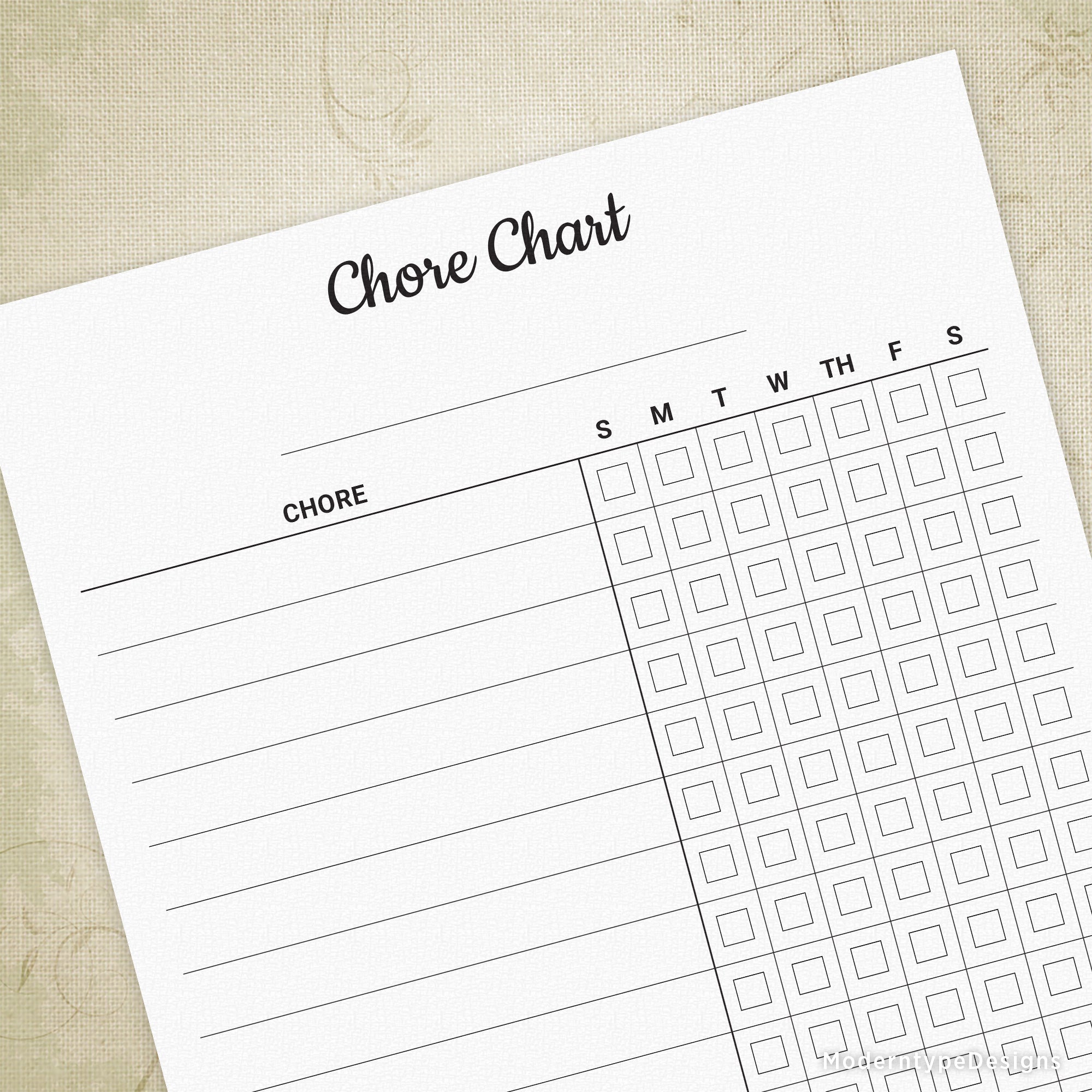 This is a PDF Chore Chart Form with editable fields. Type the chores in the editable fields, and save them as a new file so you can add or subtract chores at a later date.