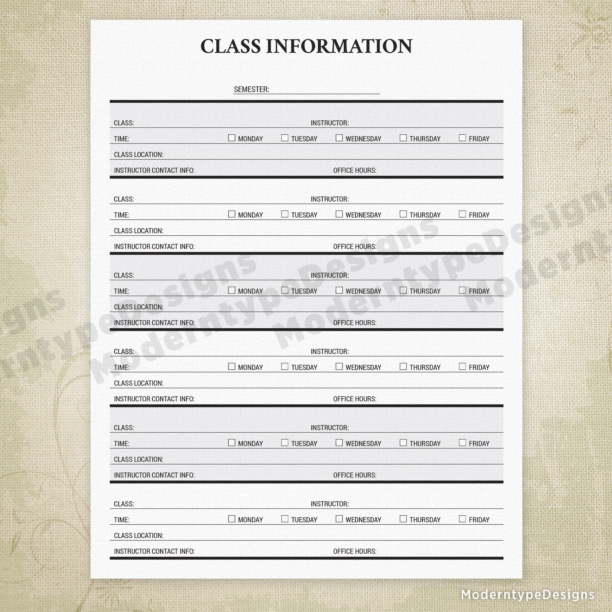 Class Scheduling Information Printable
