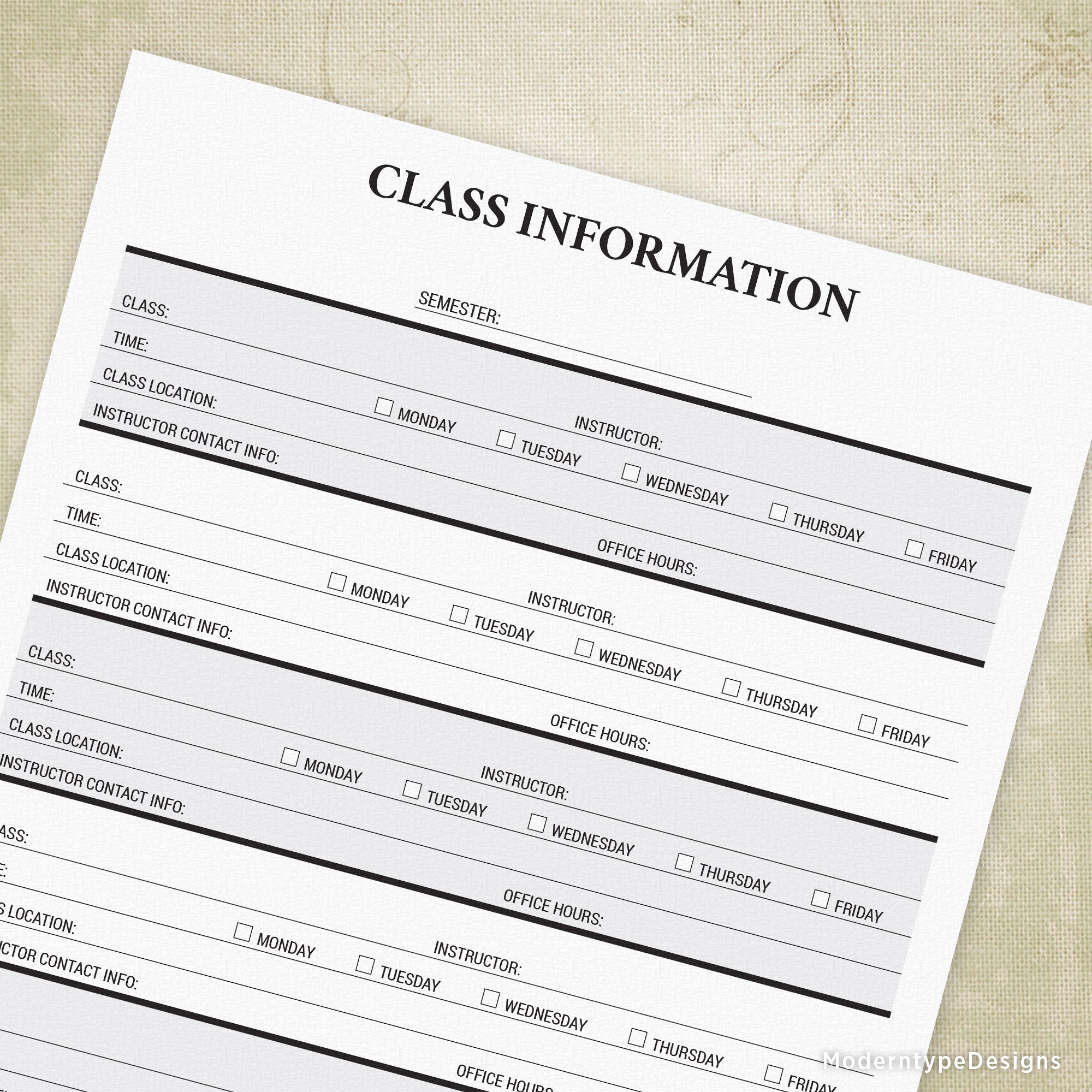 A printable class scheduling information form with fields for student name, class location, time, day, and contact information.