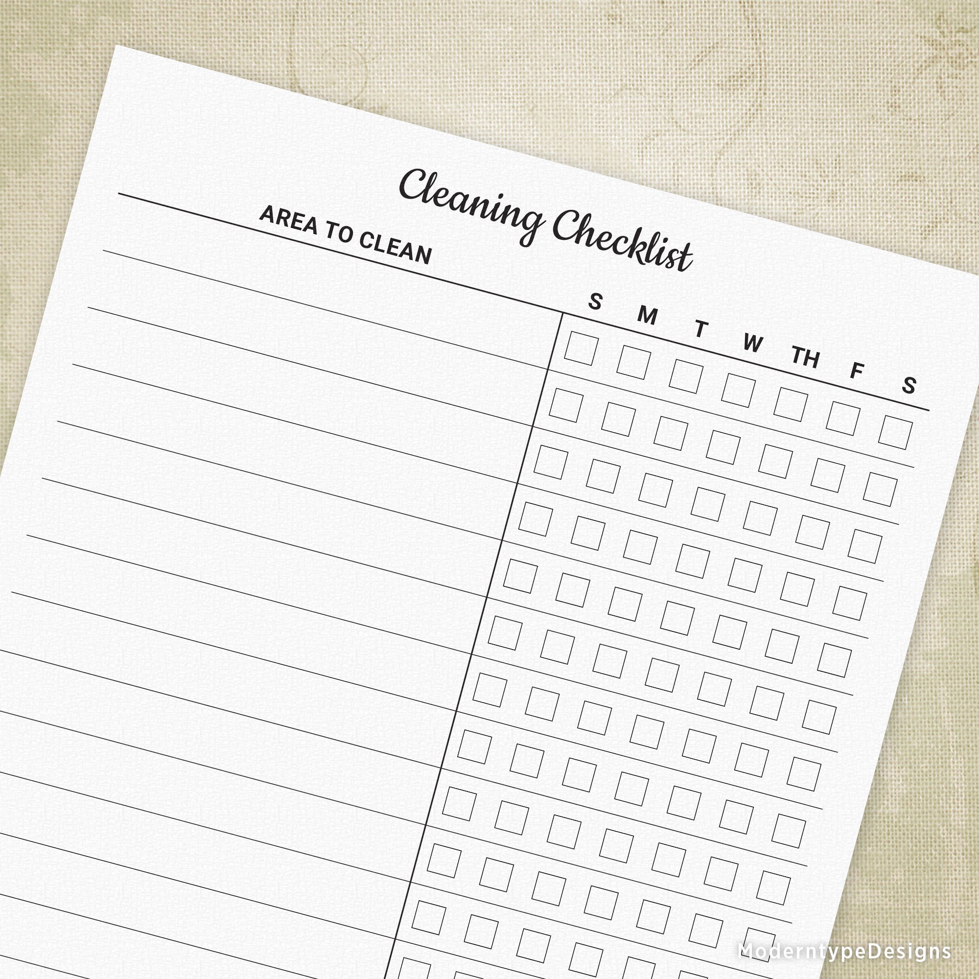 This is a PDF Cleaning Checklist Form with editable fields. Type the areas that you need to clean in the editable fields, and save them as a new file so you can add or subtract areas at a later date. Print out as many as you need for each week of the year!