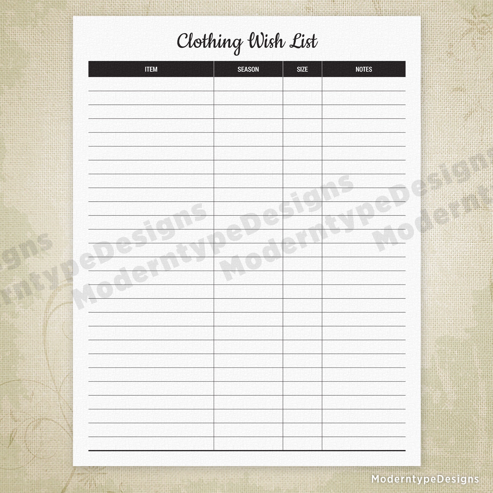 Clothing Wish List Printable