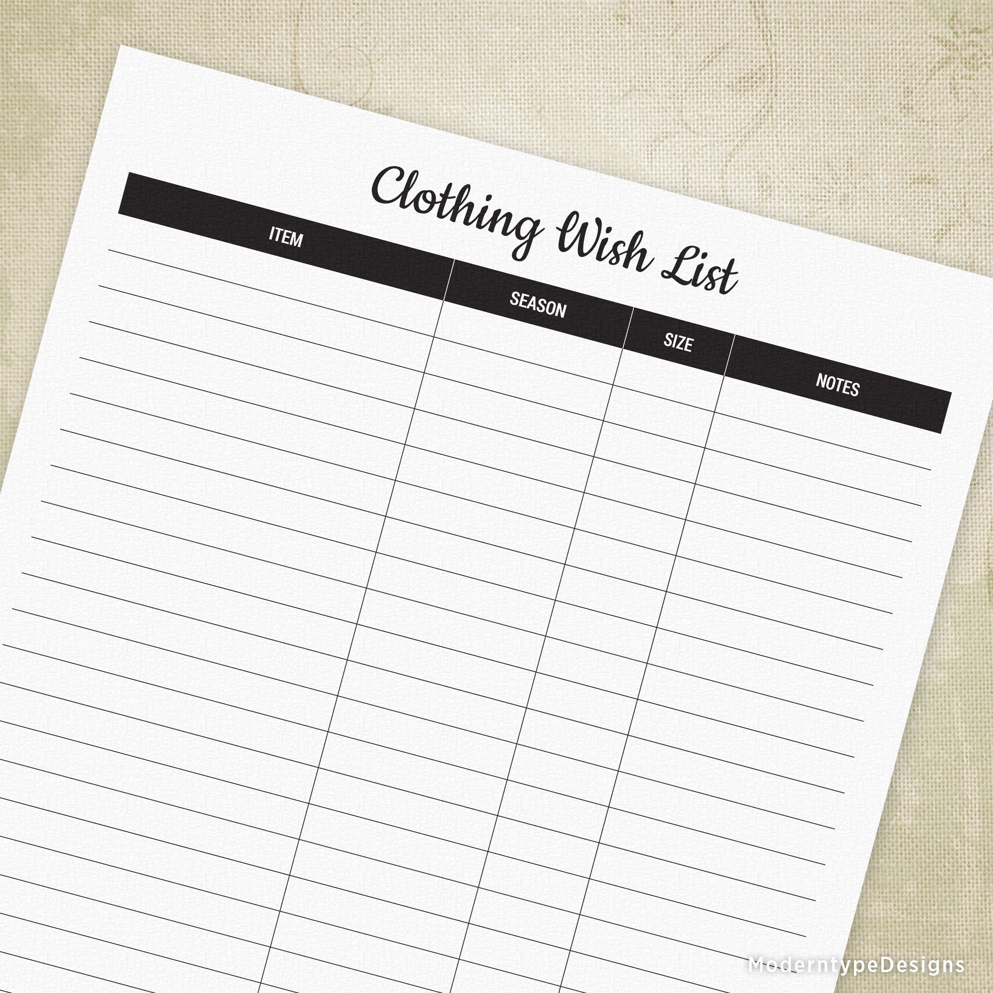 A printable Clothing Wish List with columns for item, season, size, and notes.
