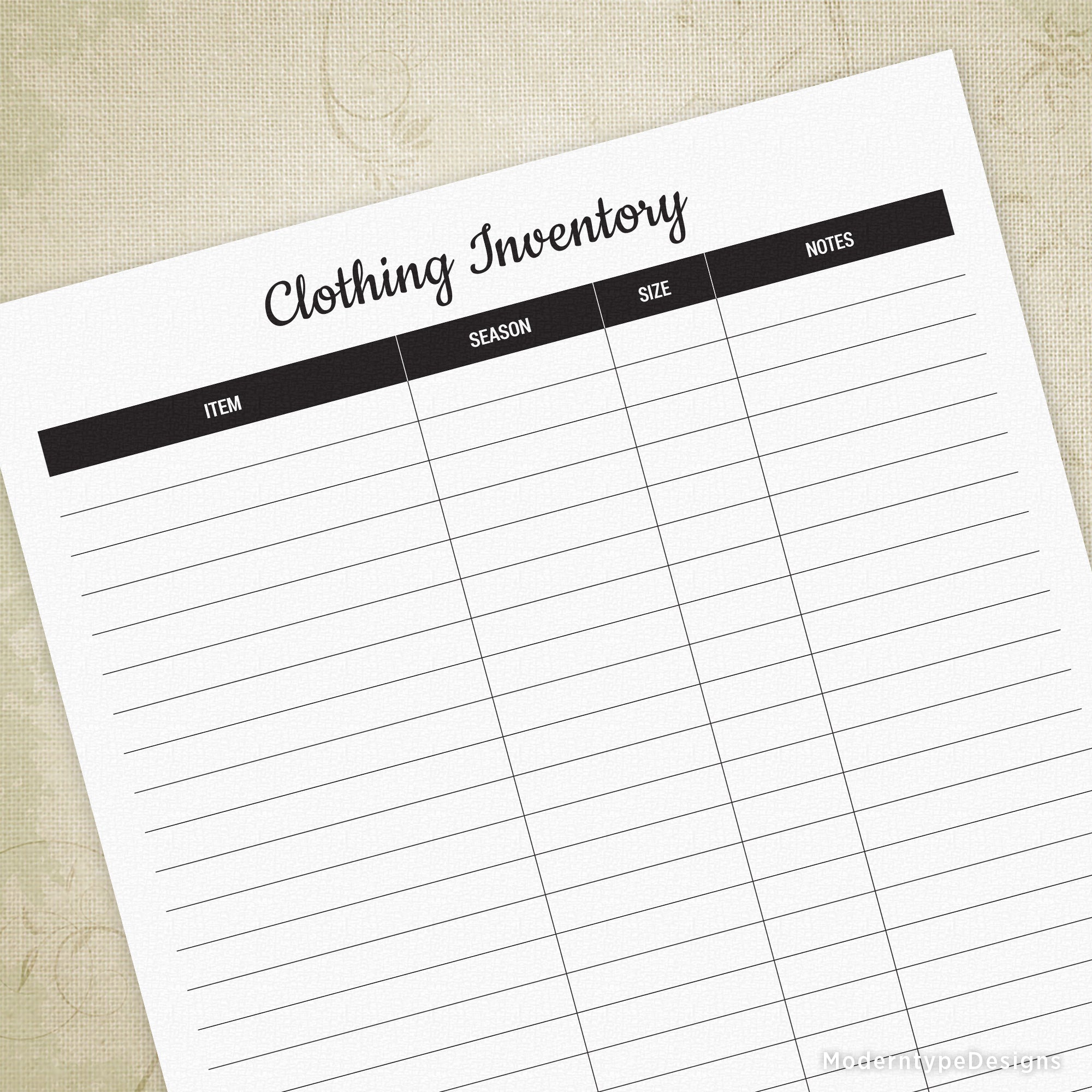 A printable clothing inventory form with columns for clothing, sizes, and notes, labeled 'INVENTORY' at the top.