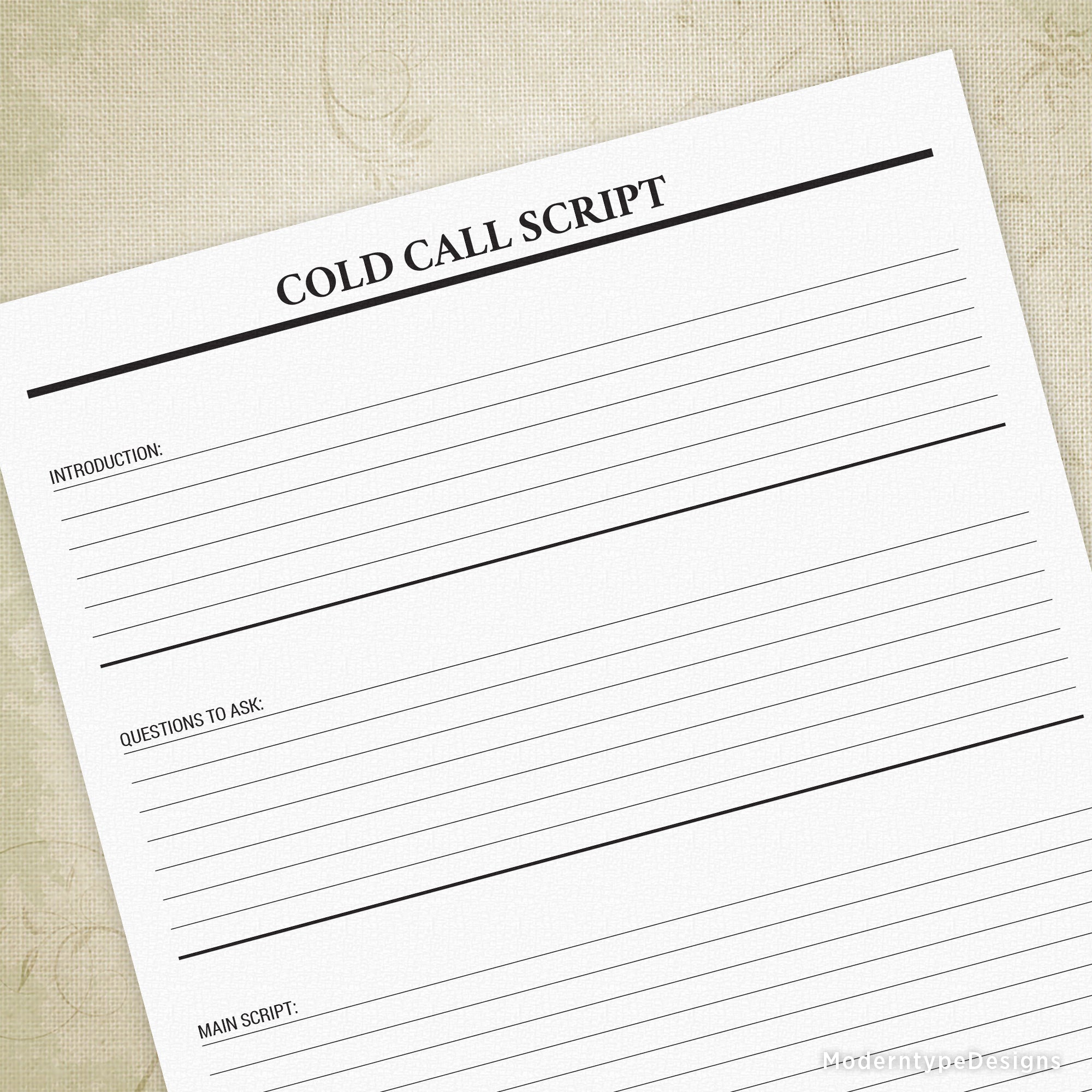 Prepare your next sales pitch with a Cold Call Script Printable PDF. 3 Sections include an Introduction, Questions to Ask, and Main Script.