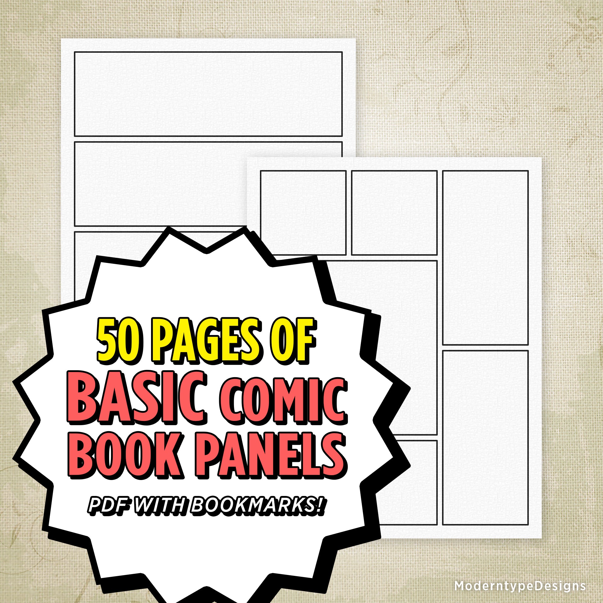 Promotional image featuring a comic book panel layout with text highlighting '50 Pages of Basic Comic Book Panels' and 'Pdf with Bookmarks!'.