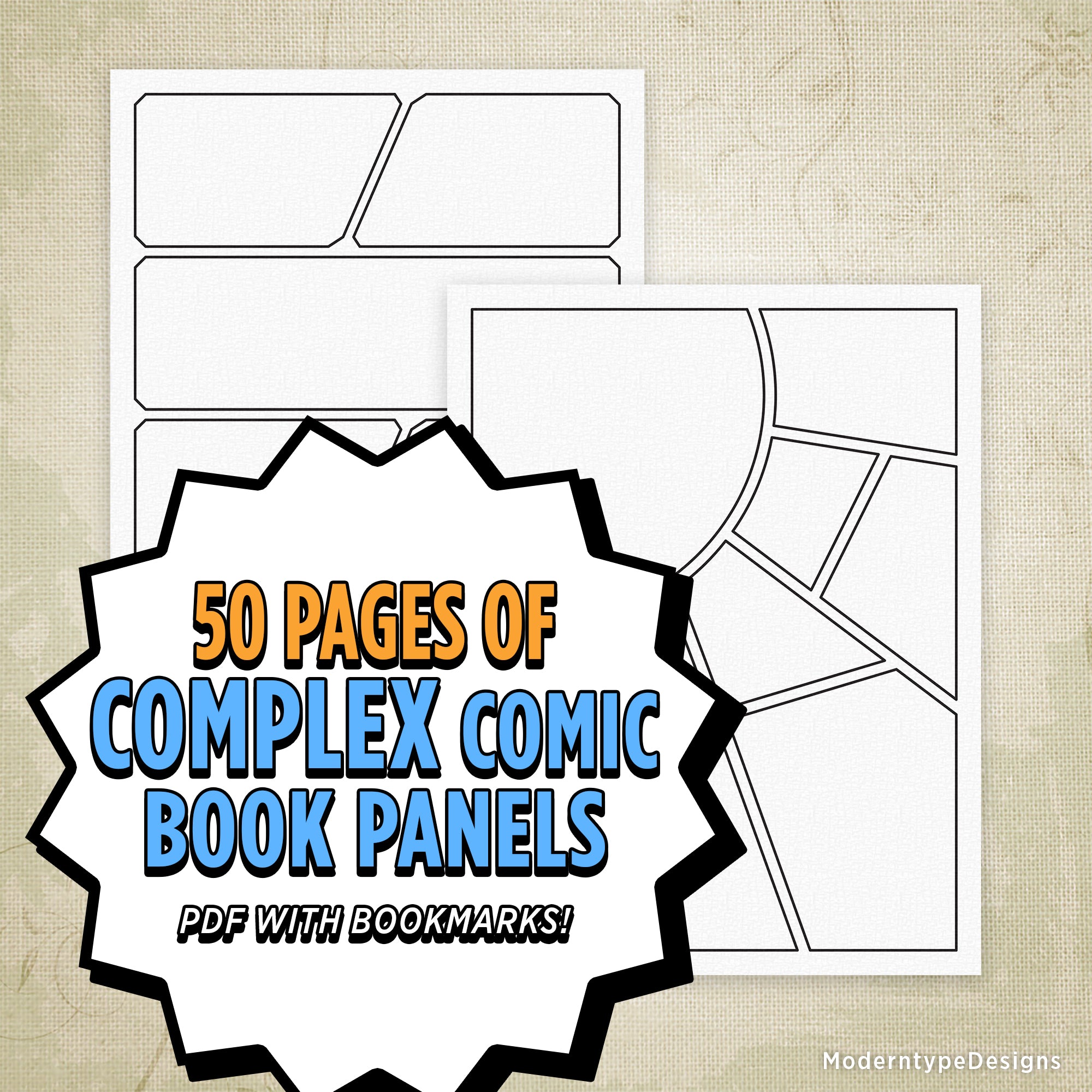 This is a Complex Comic Book Panels Printable. This PDF contains pages with 1 through 10 panels, each of the 1-10 panels has 5 versions with a total of 50 pages! Print or use digitally and rotate your pages to create new versions. This file also contains bookmarks to help navigate easily.