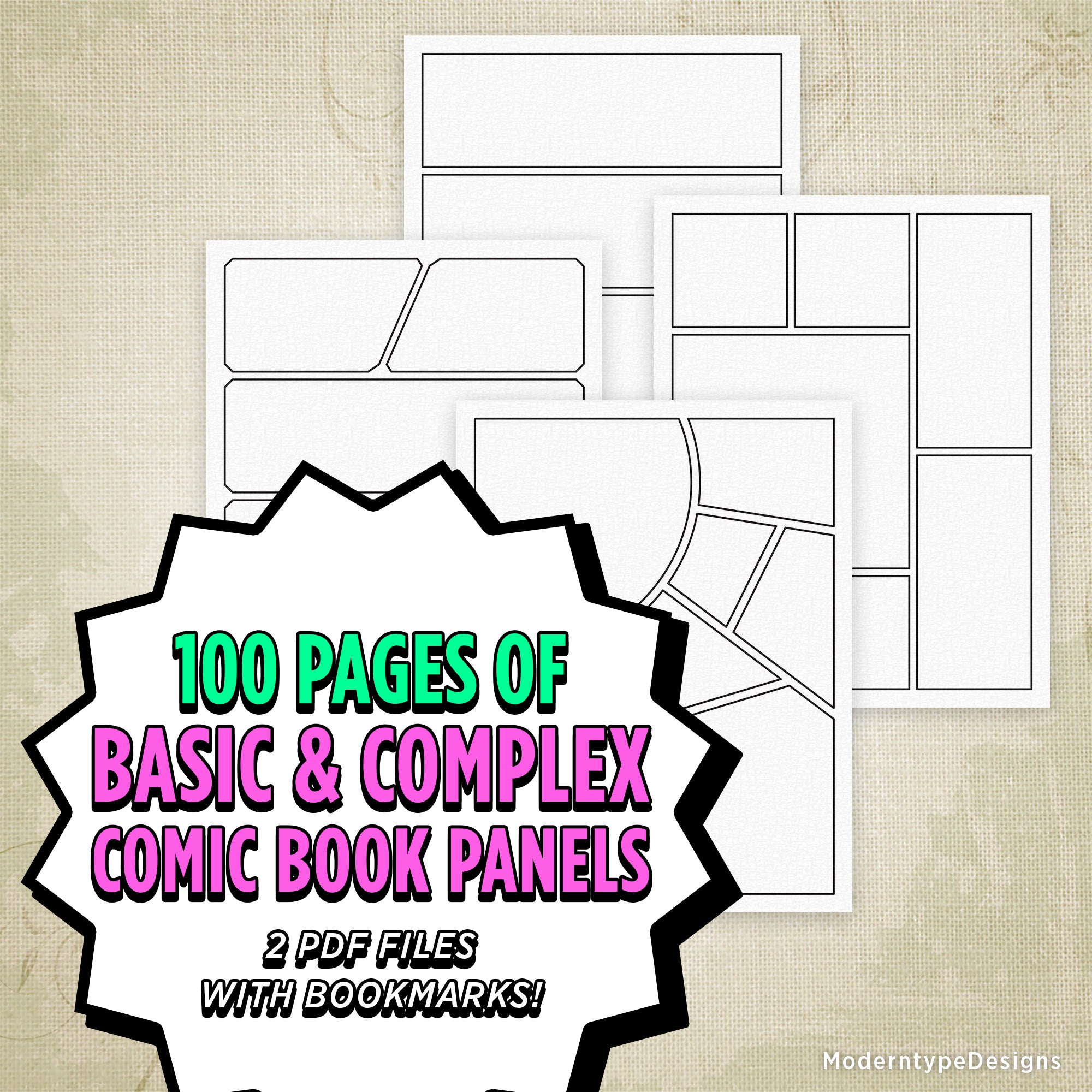 Promotional image showcasing a set of comic book panels, with a label stating '100 Pages of Basic & Complex Comic Book Panels', and an additional label mentioning '2 PDFI FILES' with a 'BOOKMARKS!' icon.