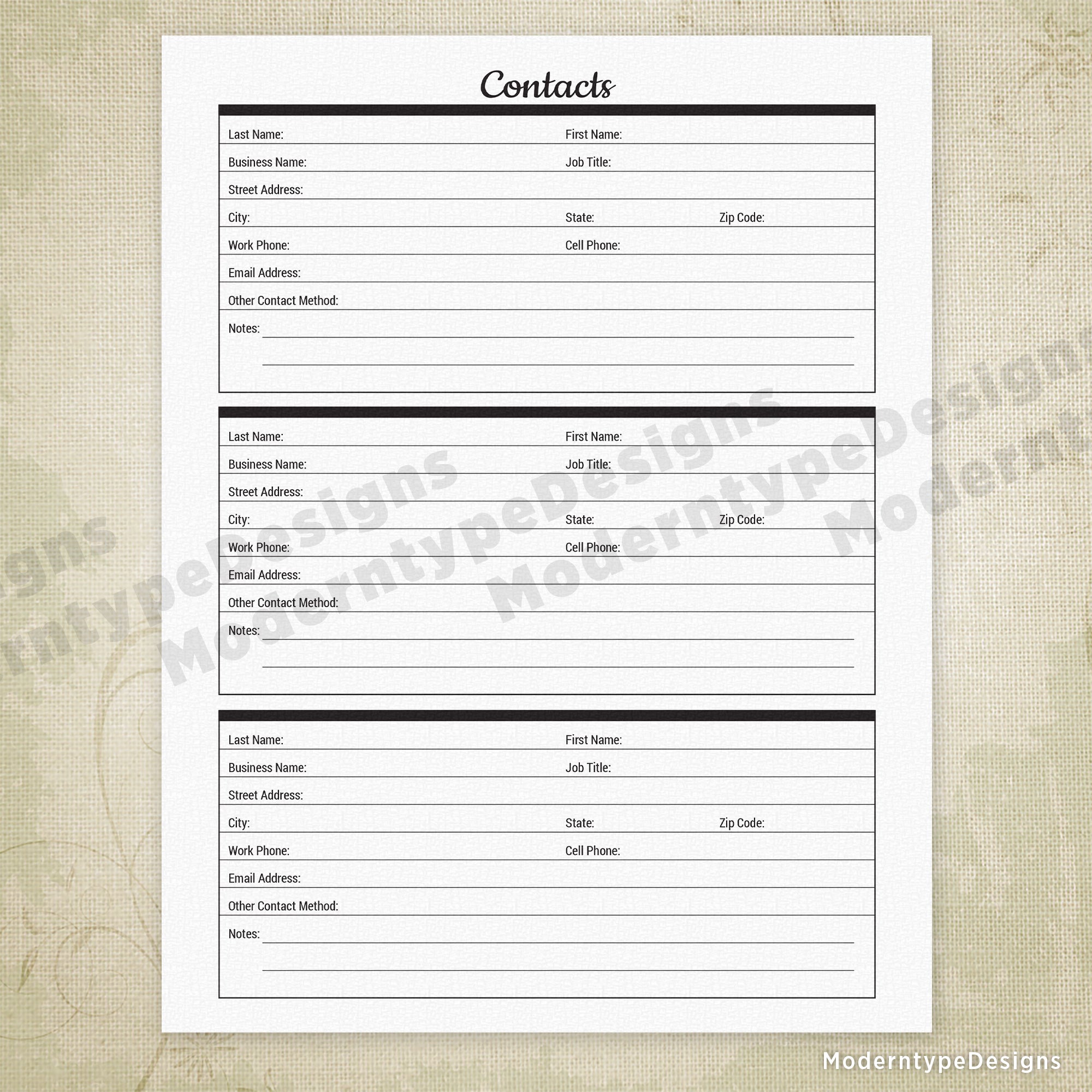 Contacts Page Printable