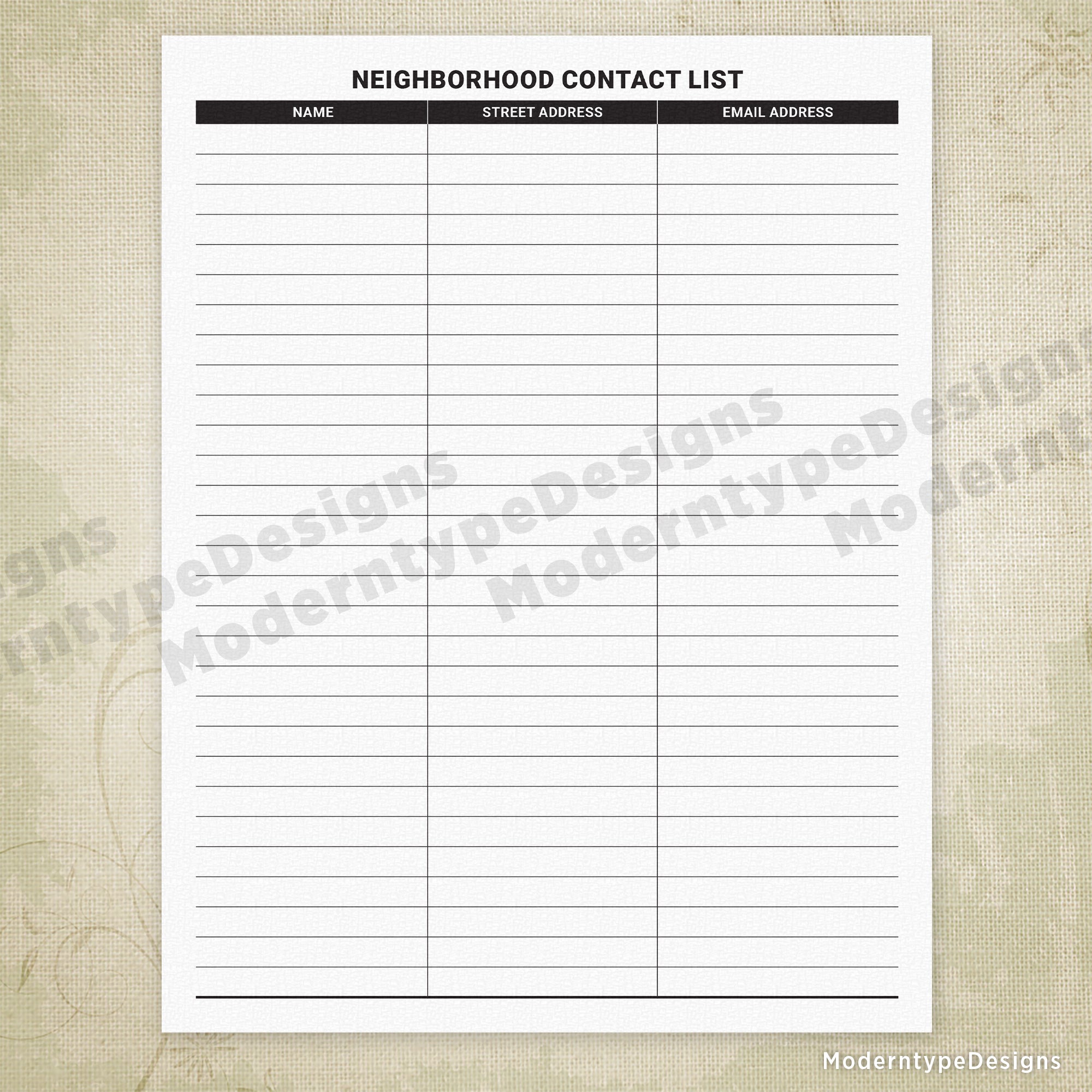 Neighborhood Contact List Sign Up Sheet Printable for Clipboard