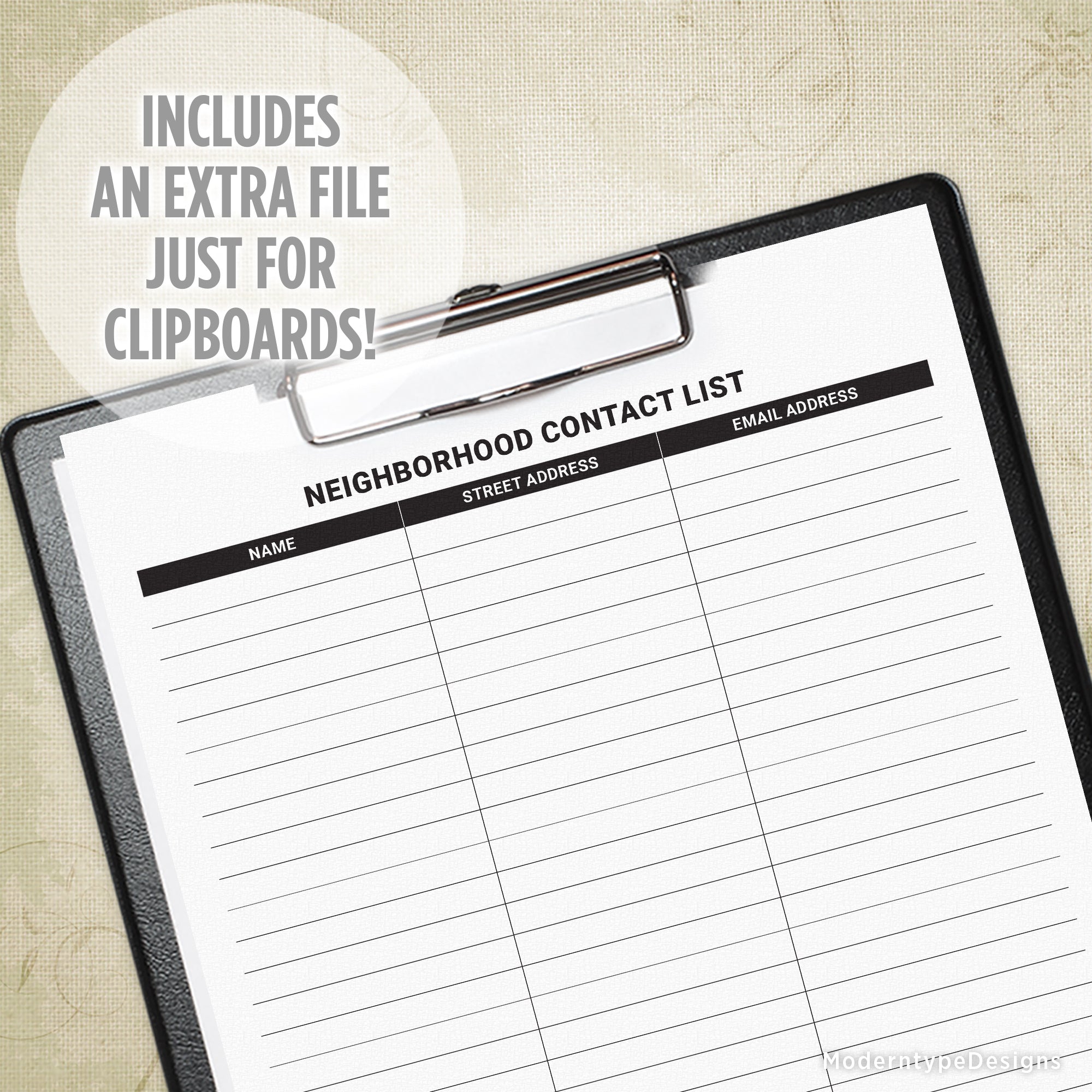 Neighborhood Contact List Sign Up Sheet Printable for Clipboard
