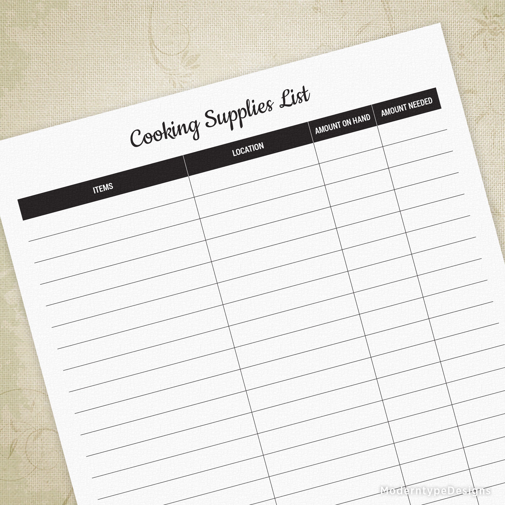 If you are a caterer or just need to keep your kitchen under control, download, print, and write in your kitchen Inventory on this Cooking Supplies List PDF.