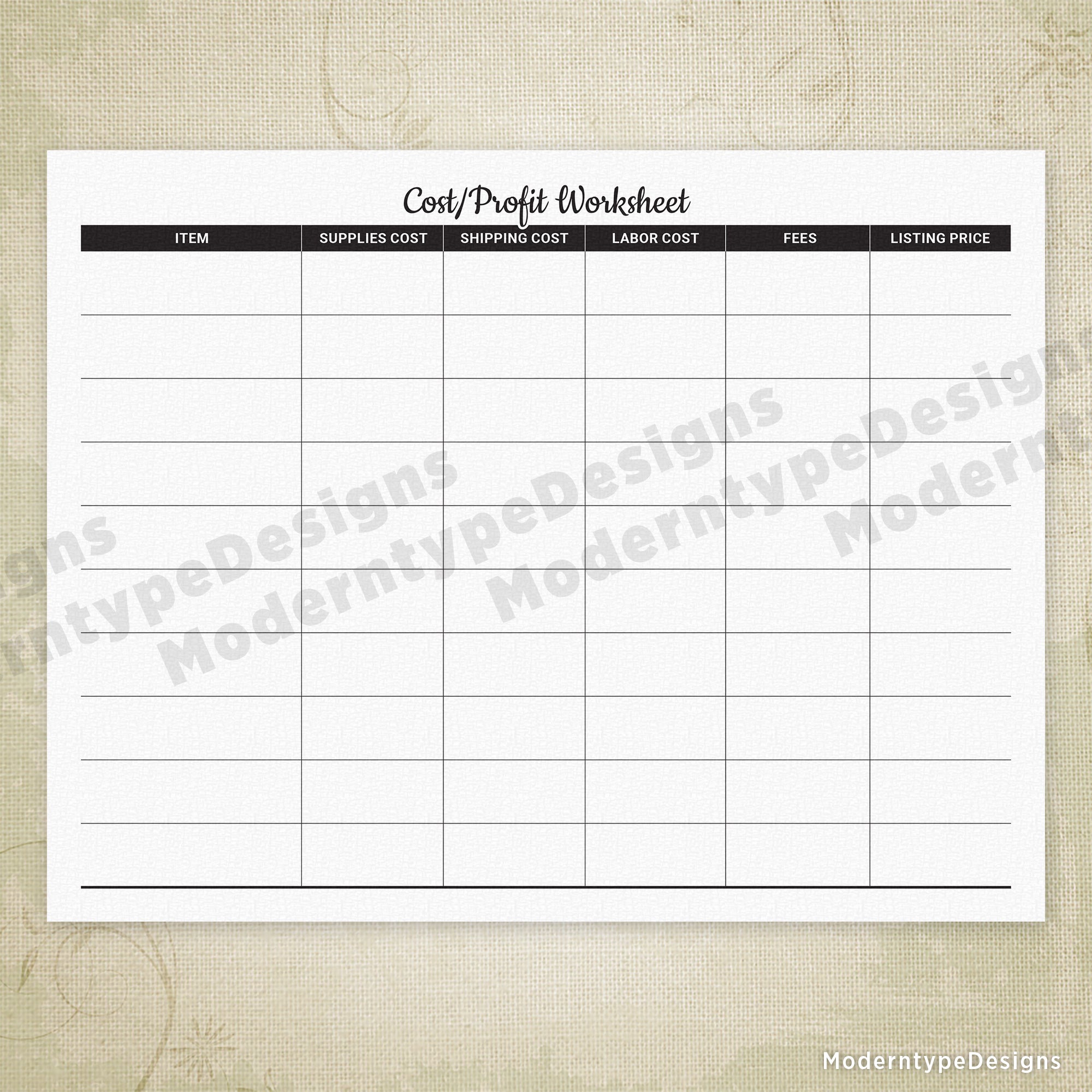Cost / Profit Worksheet Printable