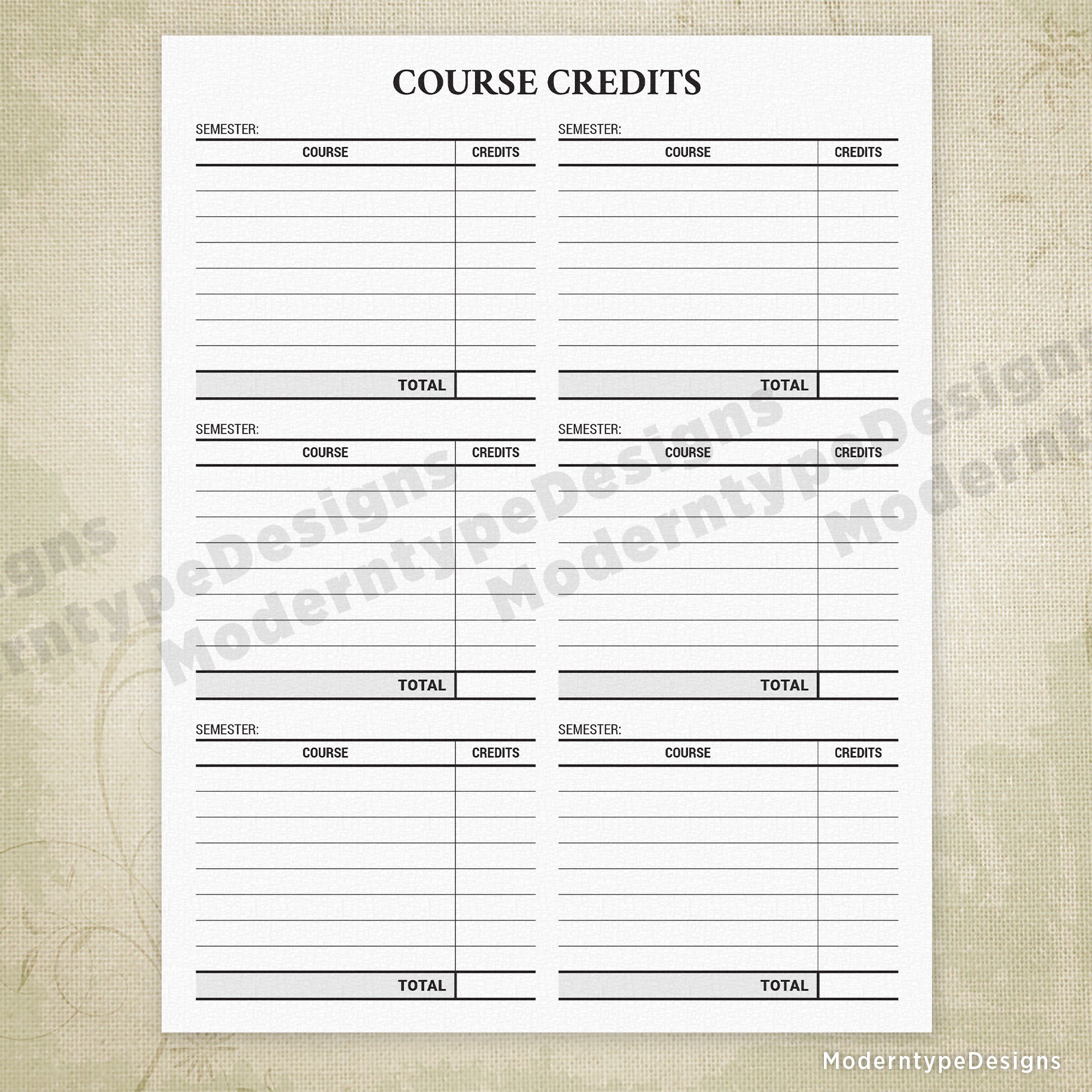 Course Credits Printable
