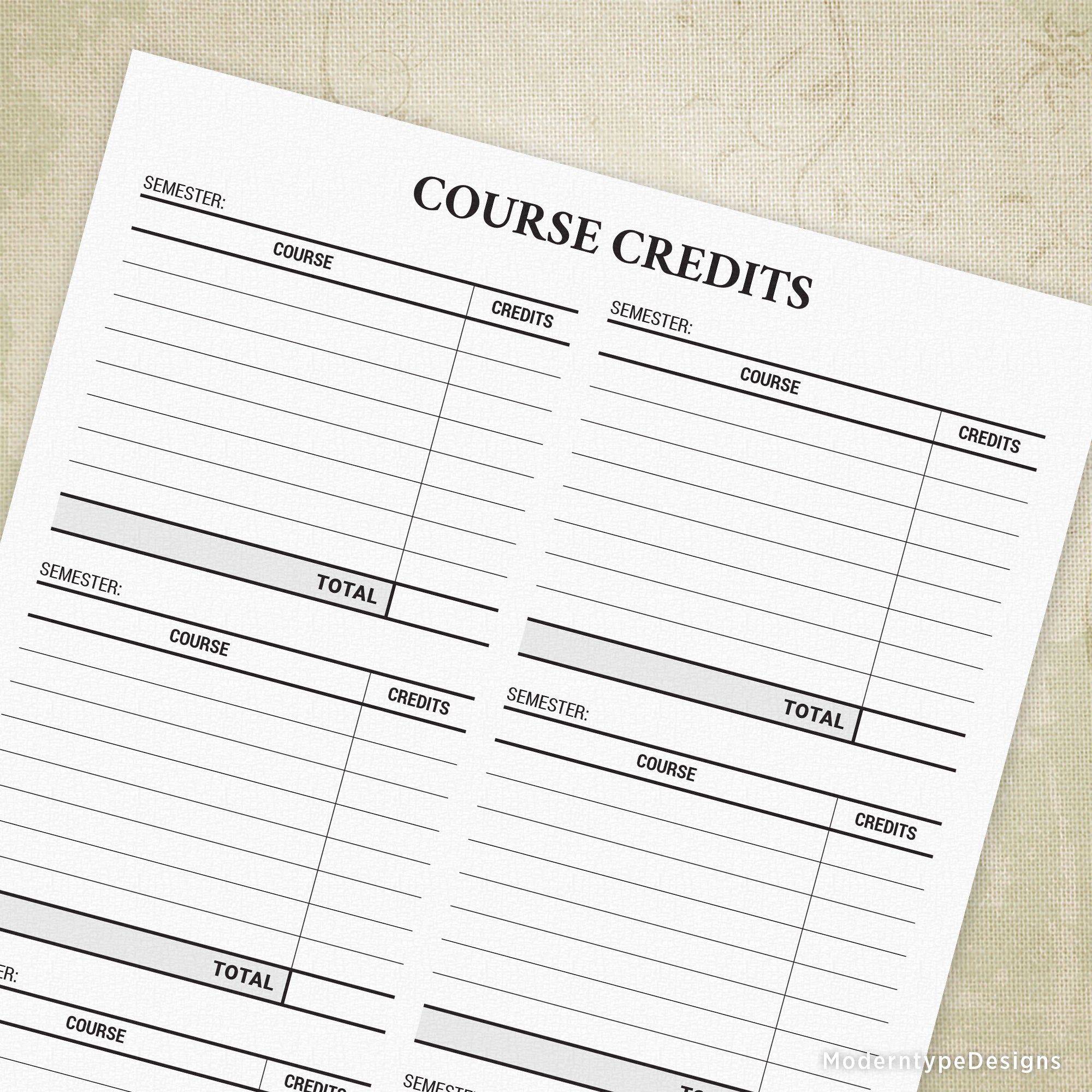 A printable Course Credits form with sections for entering class information and total credits earned. The form has a white background with black text and is designed for tracking academic progress.
