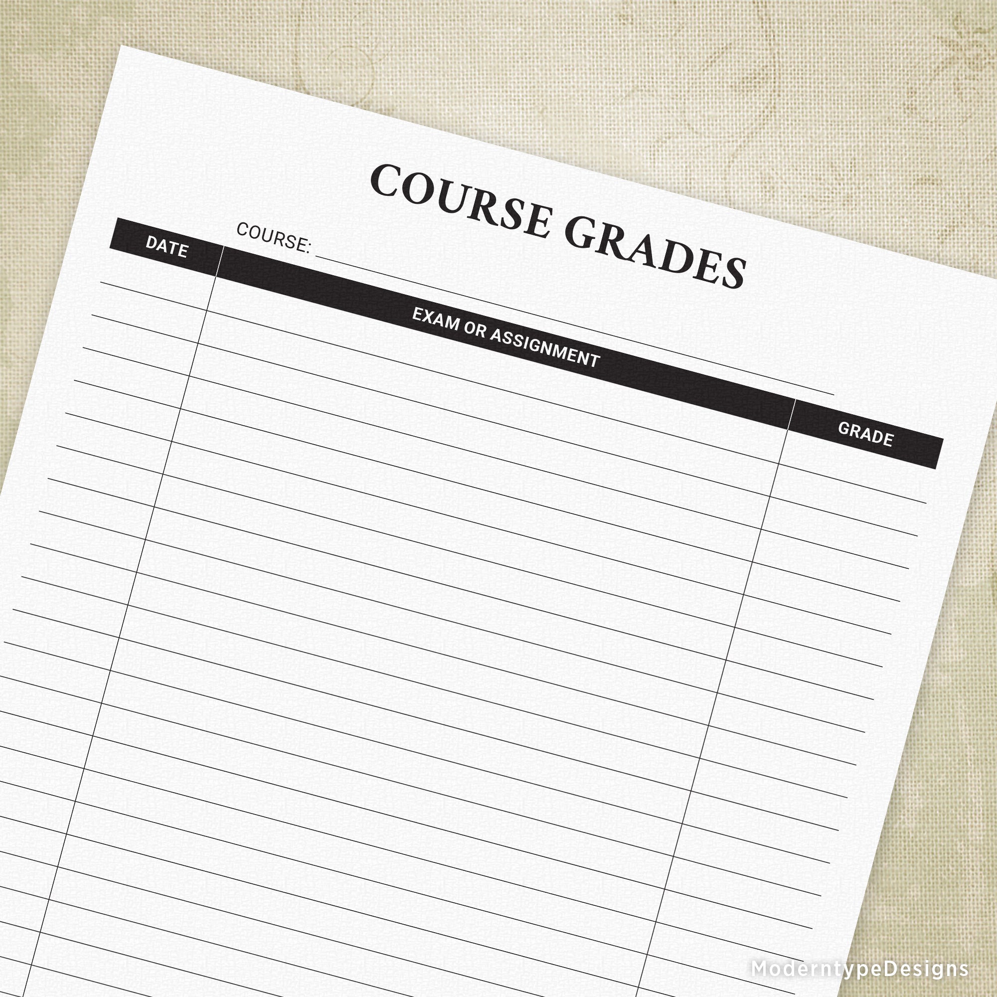 A printable course grades form with sections for entering class name, date, exam or assignment, and final grade.