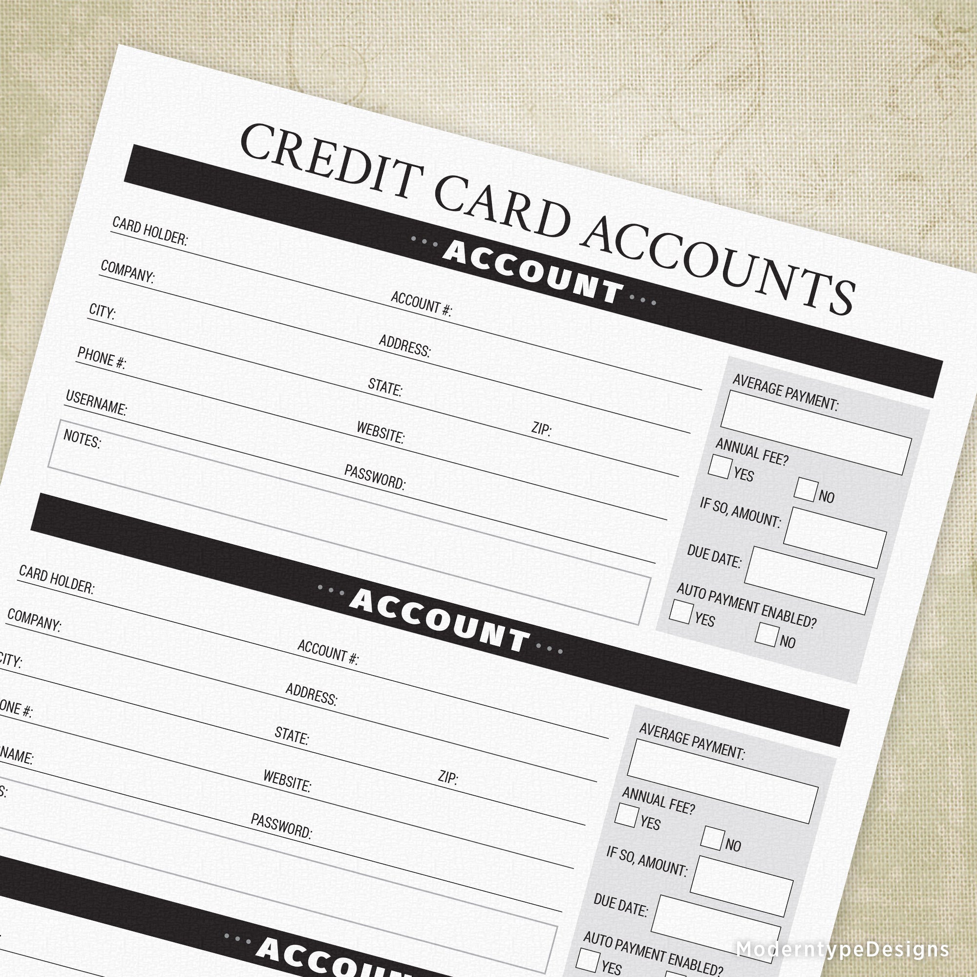 This is a 1 page PDF Credit Card Accounts printable. Tracking your credit card information is an important part of your financial responsibilities. Write in your info and keep it in a safe place. Don't worry if you have multiple accounts, just print more!