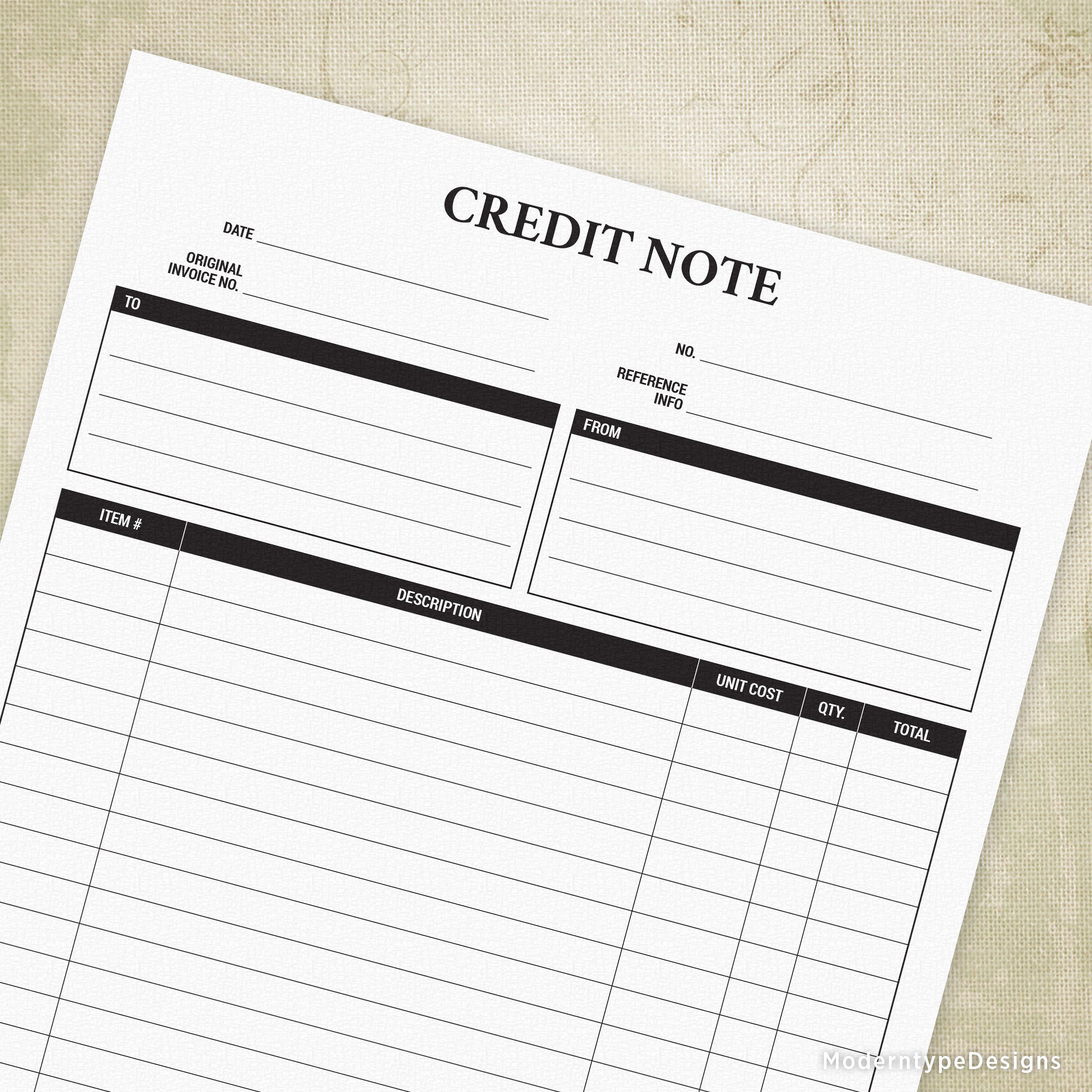 A printable credit note form with sections for entering amounts, description, and other details, with a title and reference to 'CREDIT NOTE' at the top.