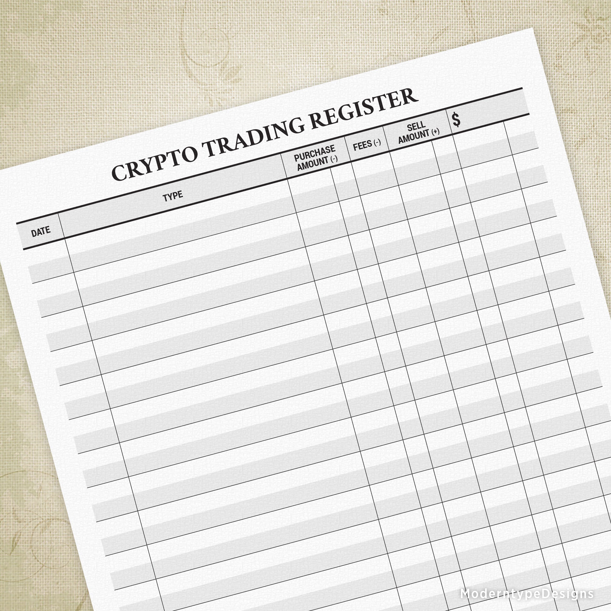 A printable Cryptocurrency Trading Register form with fields for recording balances and transactions.