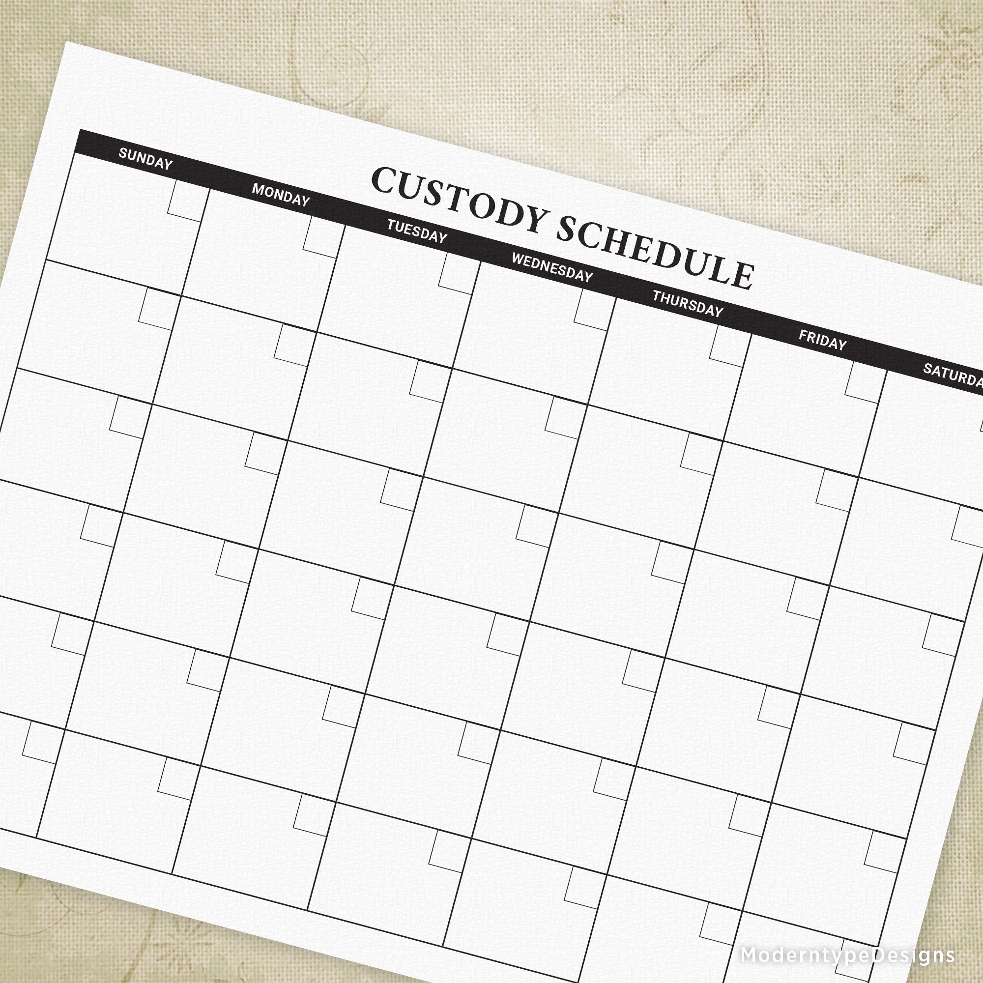 Easily track those child custody days with this Custody Schedule Calendar Printable for Parents. This PDF includes the days of the week and smaller boxes to handwrite in the dates. Print one for each month!