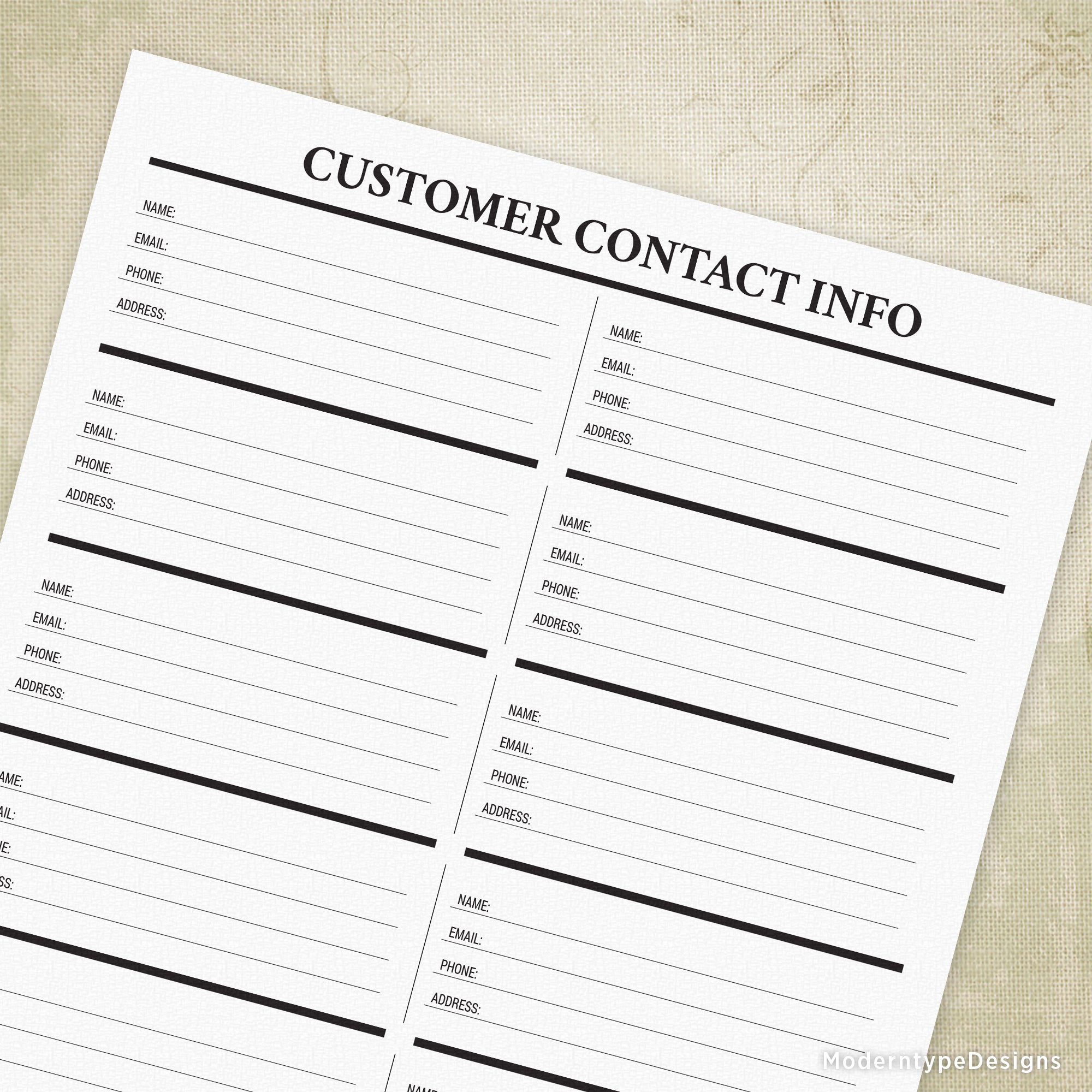 Customer Contact Info Printable for Free Printable Customer Information Sheets