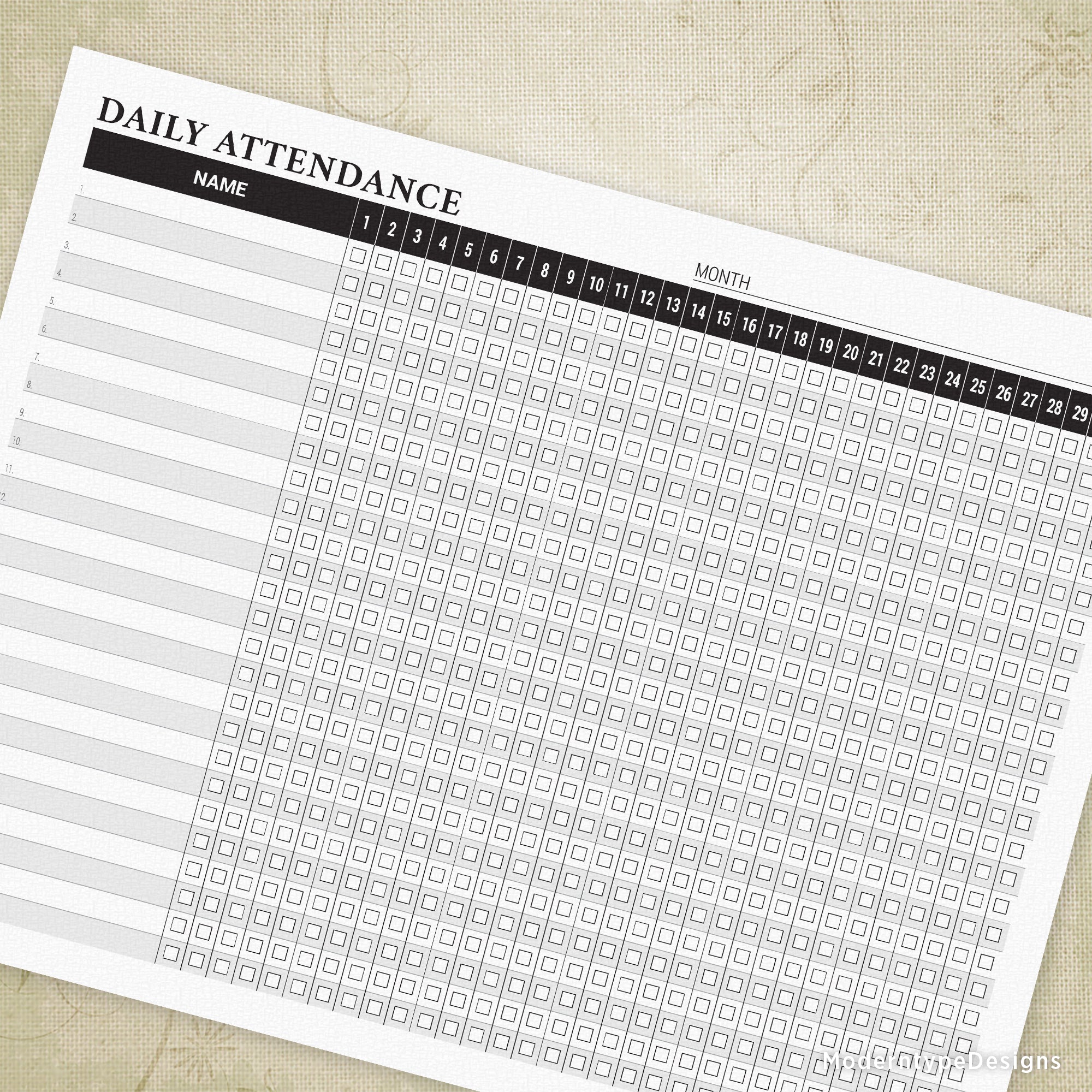 This Daily Attendance Sheet Printable PDF has enough lines to write 26 names. Includes a check-off box for each day of the month.