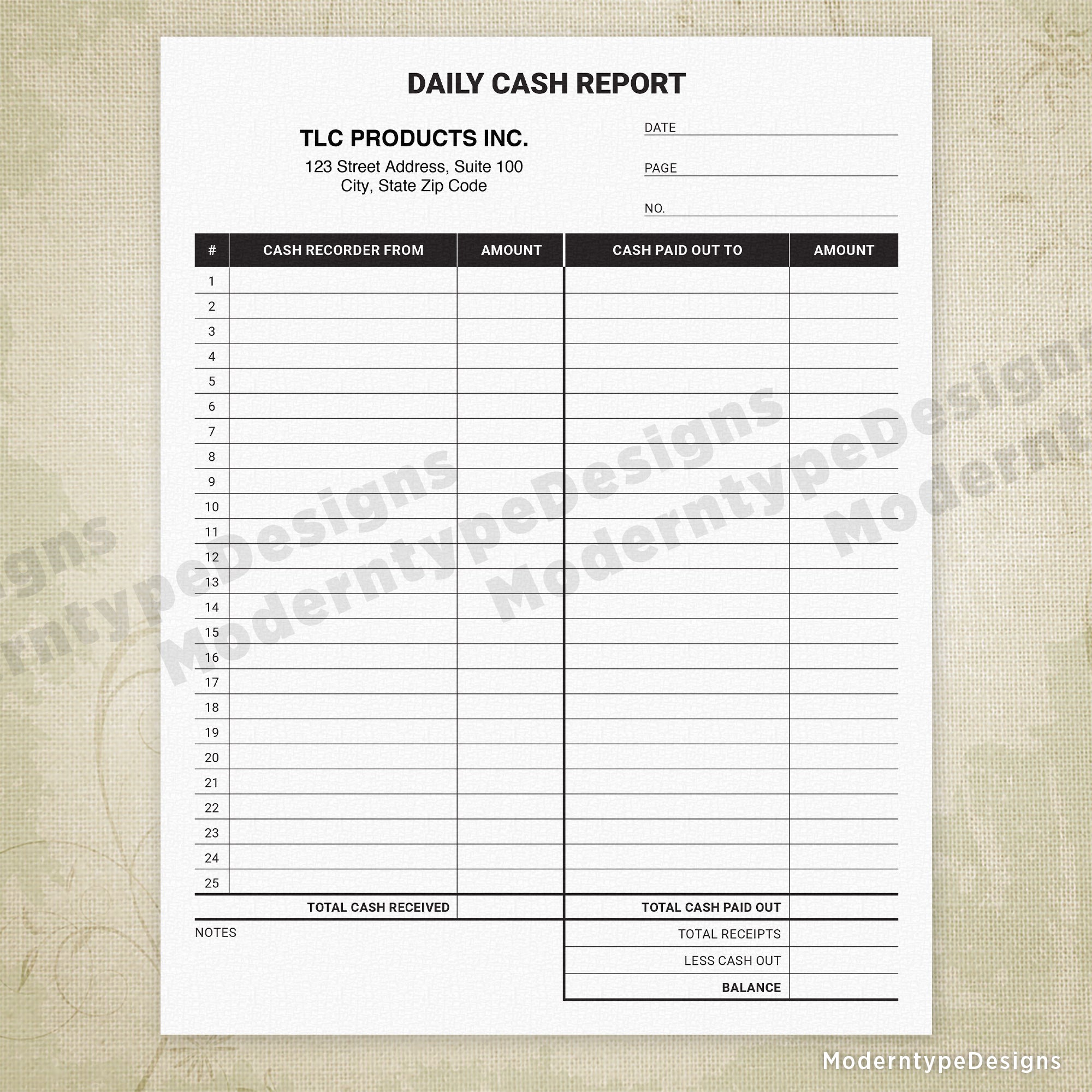 Daily Cash Report Printable Form, Personalized