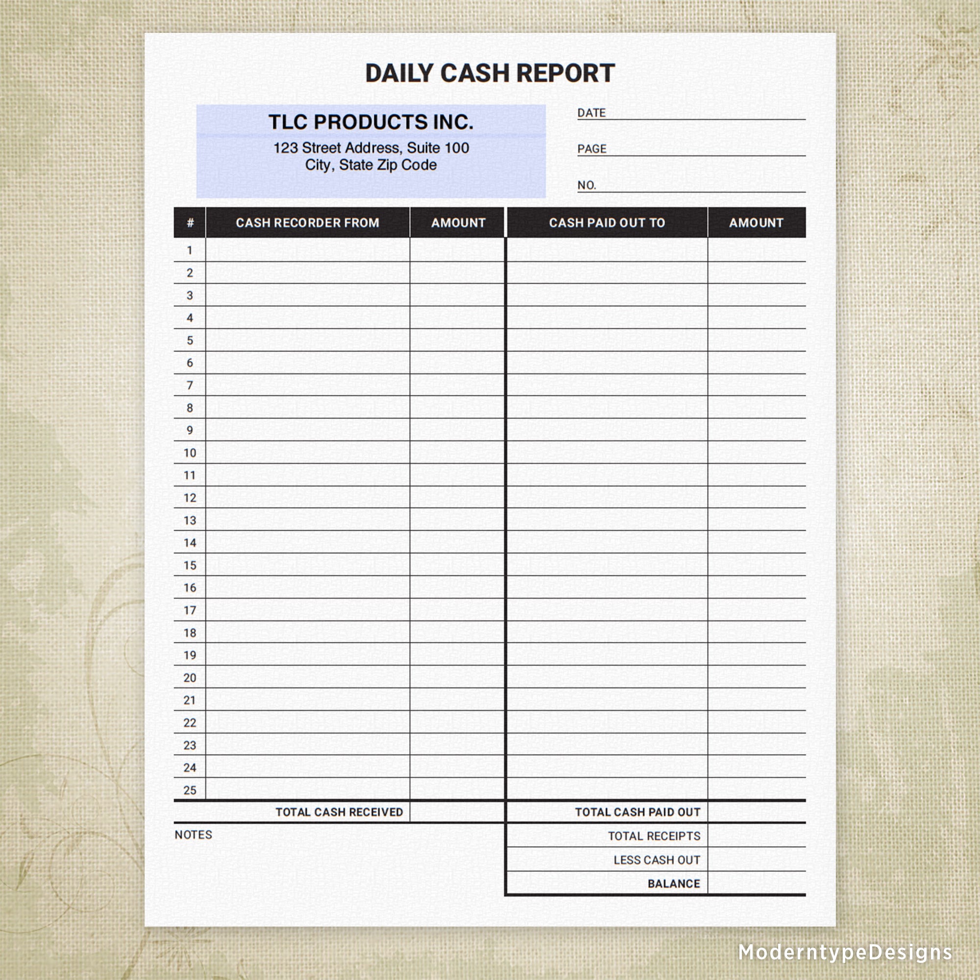 Daily Cash Report Printable Form, Personalized