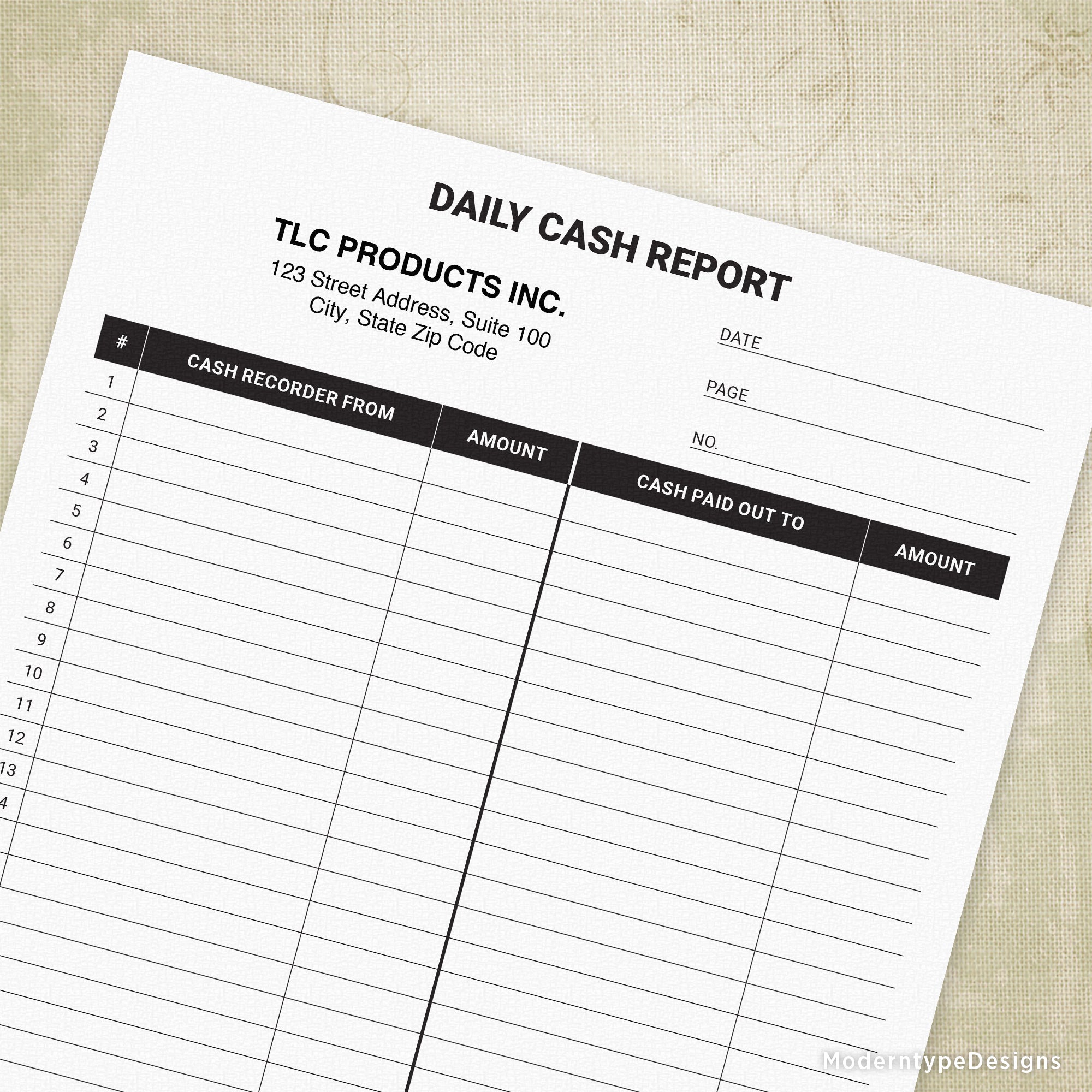 A printable daily cash report form with editable fields, customizable using Adobe Acrobat Reader.