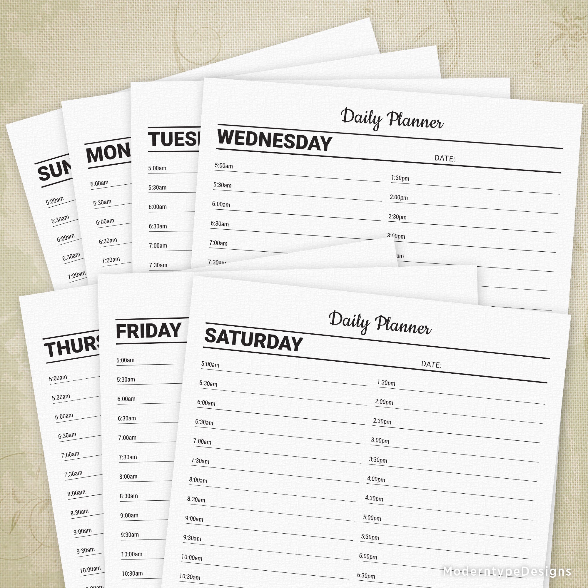 This is a PDF Daily Planner Form. Seven days of customized planner pages with 30-minute time slots that you can use repeatedly! Keep these handy to keep yourself or your employees on track and on time.