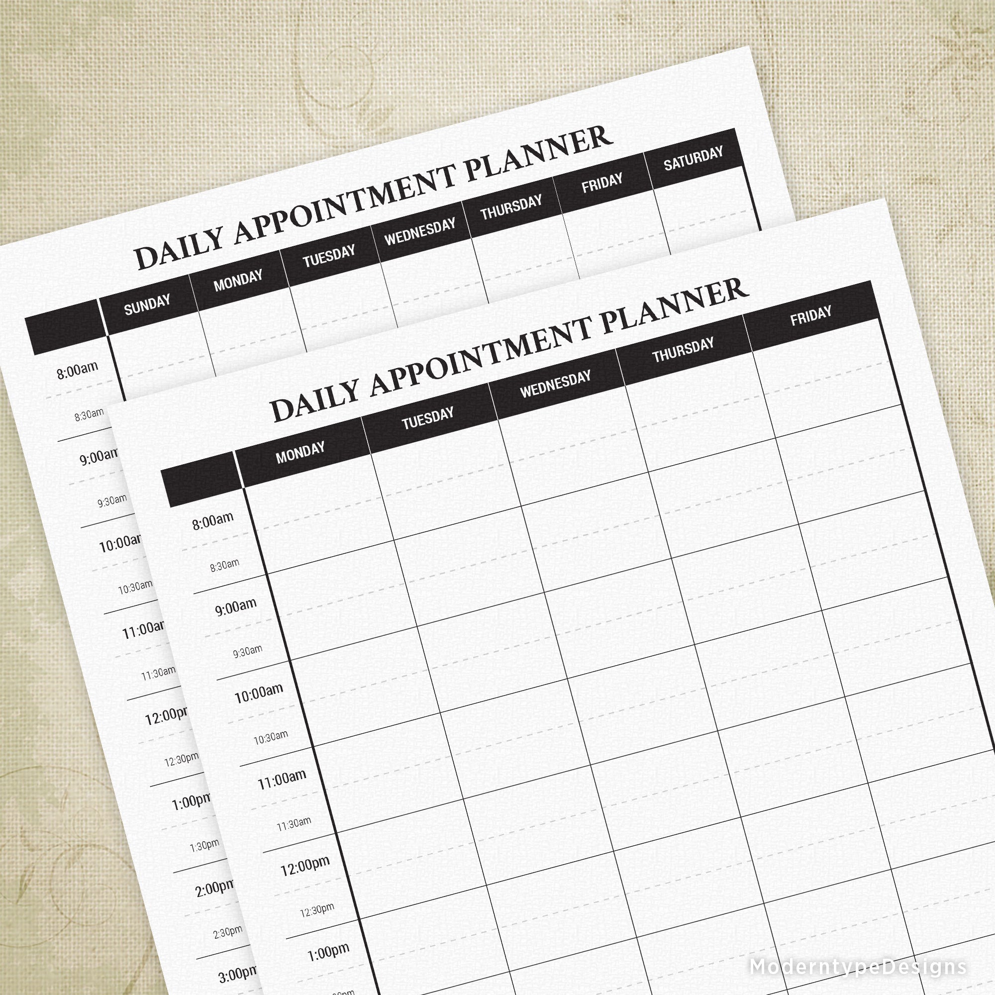 This is a PDF Daily Appointment Planner Form. Two files are included - one with 5 days a week and one with 7 days a week. At the top of this form is “Daily Appointment Planner”, followed by the days of the week in each column and room to write in each row from 8:00 am to 5:30 pm.