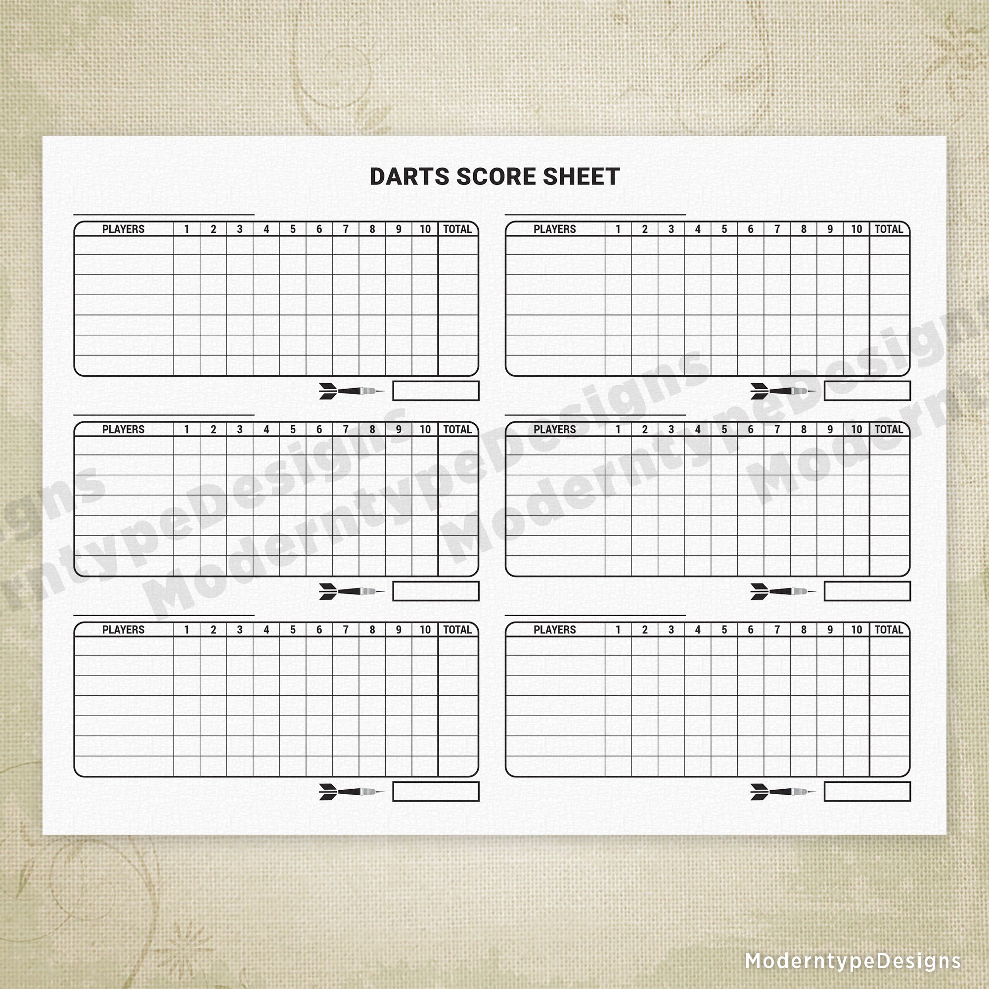 Darts Scoring Sheet Printable, 3 or 6 Games