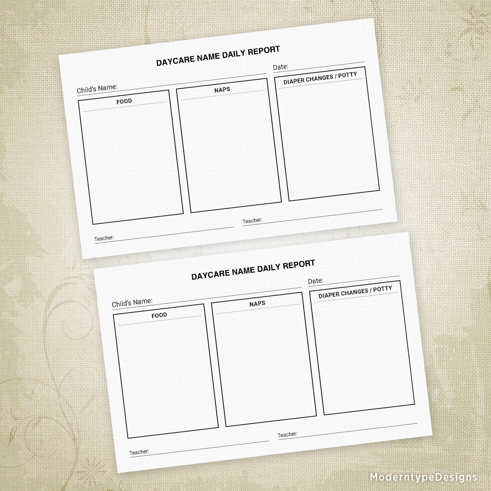 Daycare Child Report Printable, 8.5 x 5.5, Half Sheet, Personalized