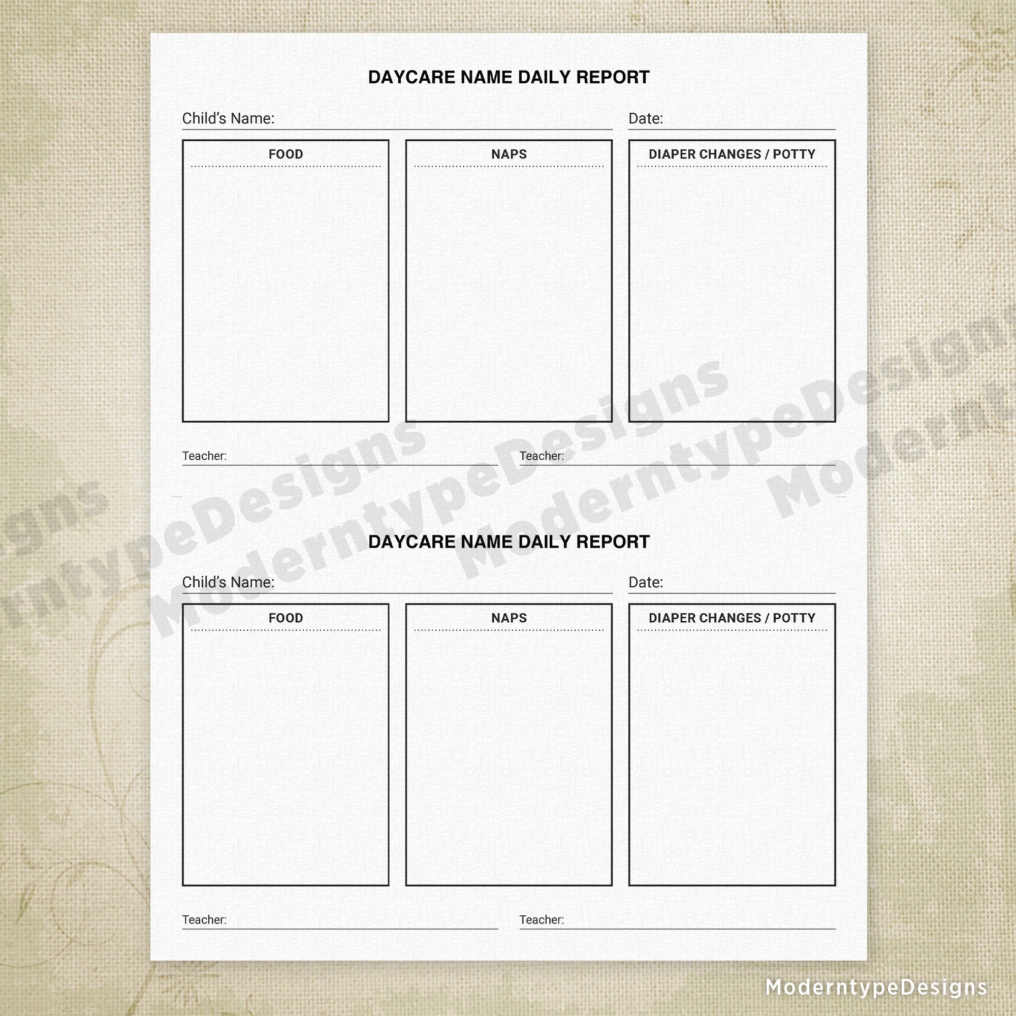 Daycare Child Report Printable, 8.5 x 5.5, Half Sheet, Personalized