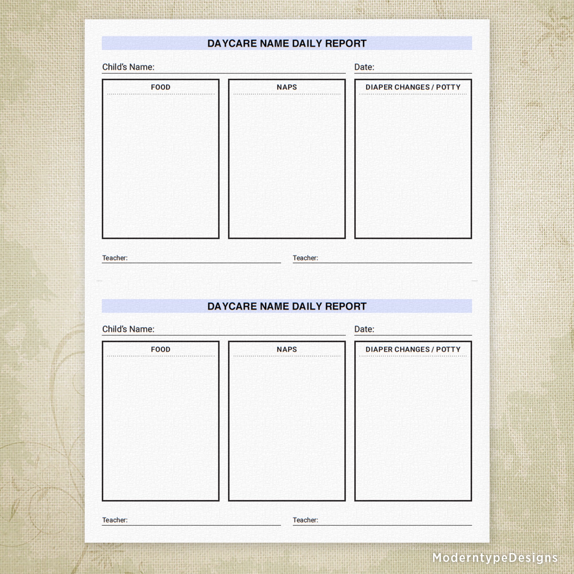 Daycare Child Report Printable, 8.5 x 5.5, Half Sheet, Personalized