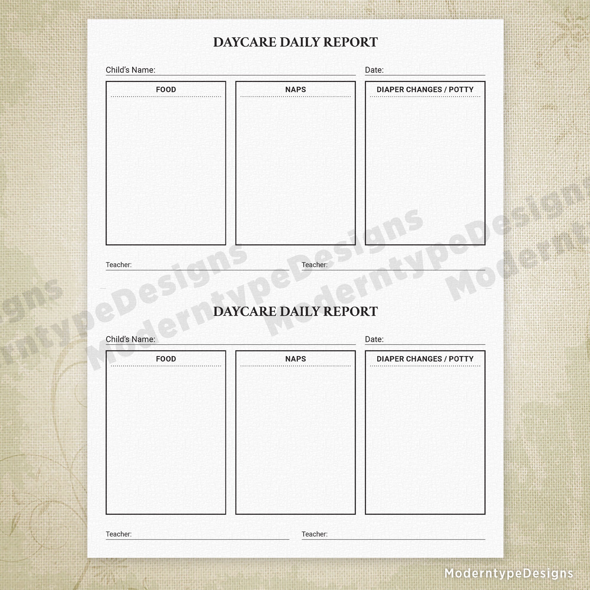 Daycare Child Report Printable, 8.5 x 5.5, Half Sheet